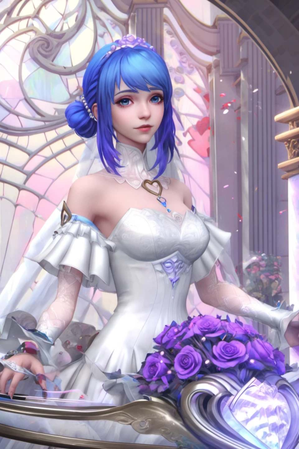 game concept art, blue hair, white wedding dress, 1girl, looking at viewer, big instrument with heart shape and purple roses, 