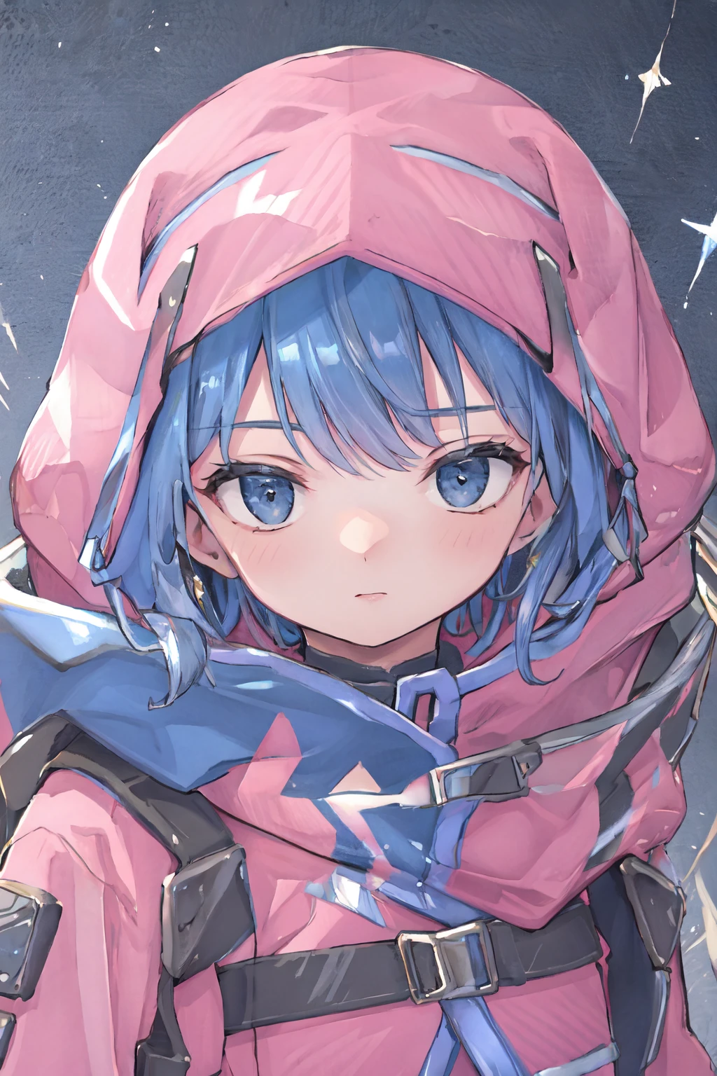 <lora:Wattson_Missing_Lynx_v1:0.8>, stars background, wattson, gloves, jacket, hood, hood up, portrait, upper body