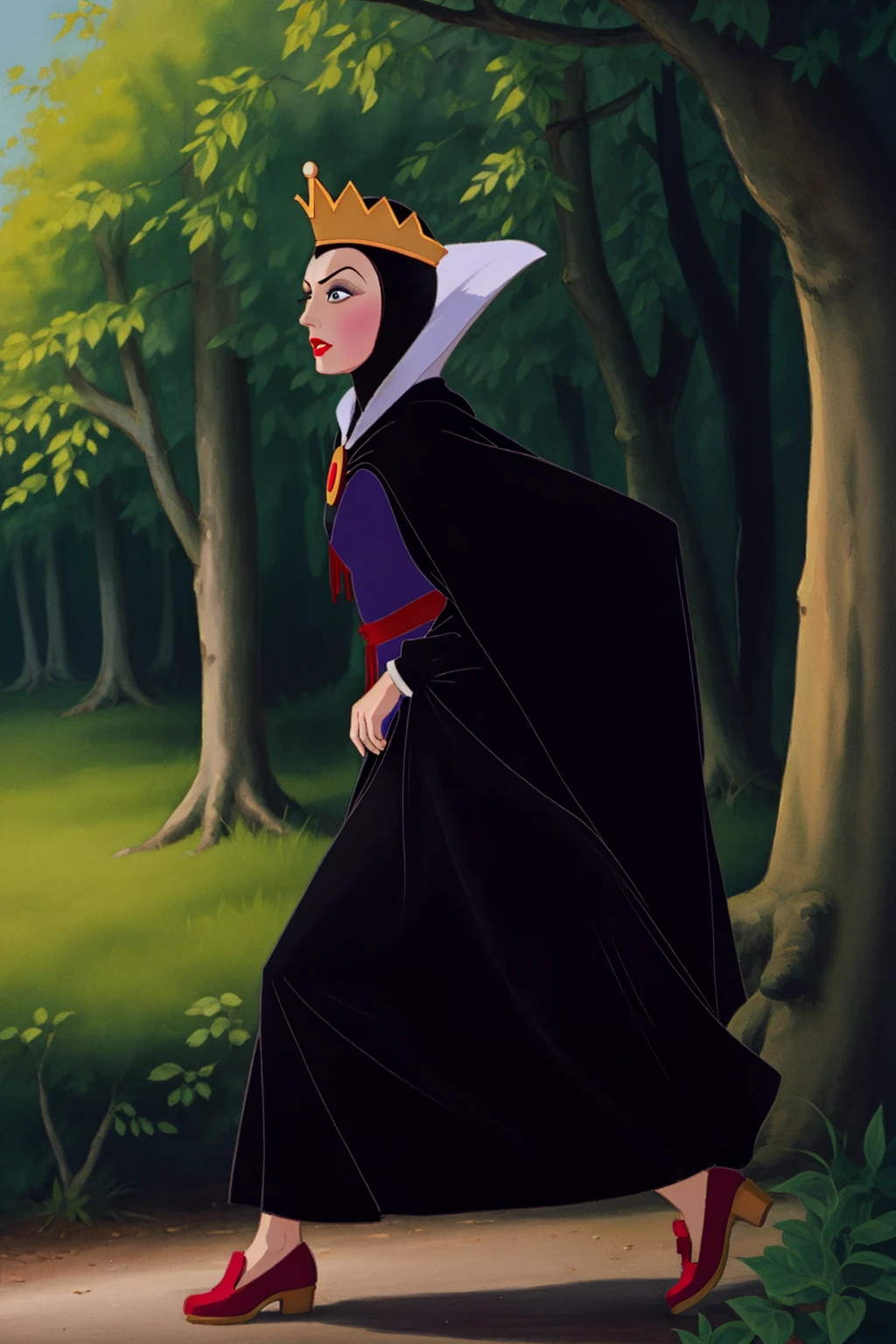 <lora:Queen-V2_HH:0.8> qu33n_gr1mh,(disney style drawing),1girl, woman,face, looking at viewer,(outdoors,dark forest), <lora:DisneyRenV2:-0.00>  , running, long cape