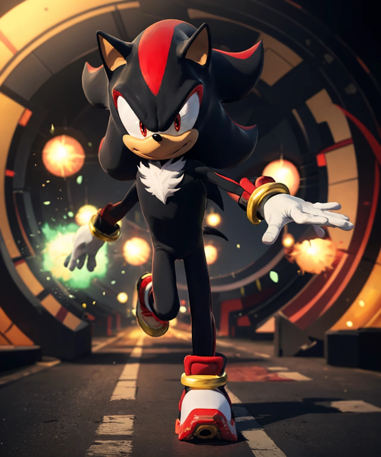 Shadow the Hedgehog, solo, simple background, black hair, red eyes, gloves, 1boy, animal ears, jewelry, closed mouth, tail, full body, male focus, red hair, multicolored hair, shoes, shiny, white gloves, two-tone hair, streaked hair, black background, red footwear, furry, running, furry male, body fur, animal nose, sideways mouth, black fur, <lora:Shadow_the_Hedgehog-37:1>