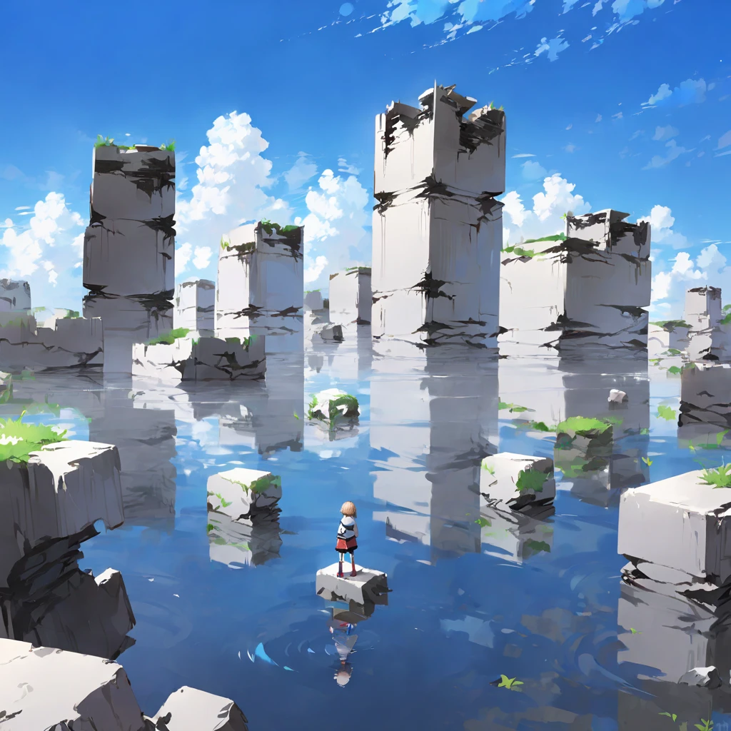 1girl,blue sky, building, city,floating island,masterpiece, best quality, very aesthetic, absurdres ,    <lora:Submerged ruins-v1:1>