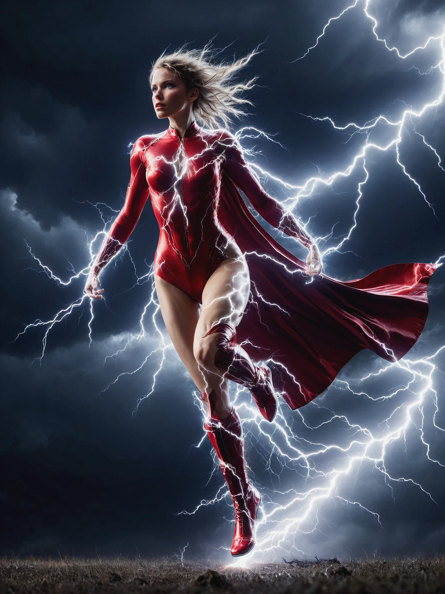 mad-lgthng (lightning:1.2) engulfing woman flying through storm clouds, red leotard, boots, cape, dynamic pose,   <lora:Lightning_SDXL:1.2>, masterpiece, best quality, ultra high res, (photorealistic, realistic:1.2), deep shadow, raw photo, film grain, Fujifilm XT3, 8k uhd, dslr