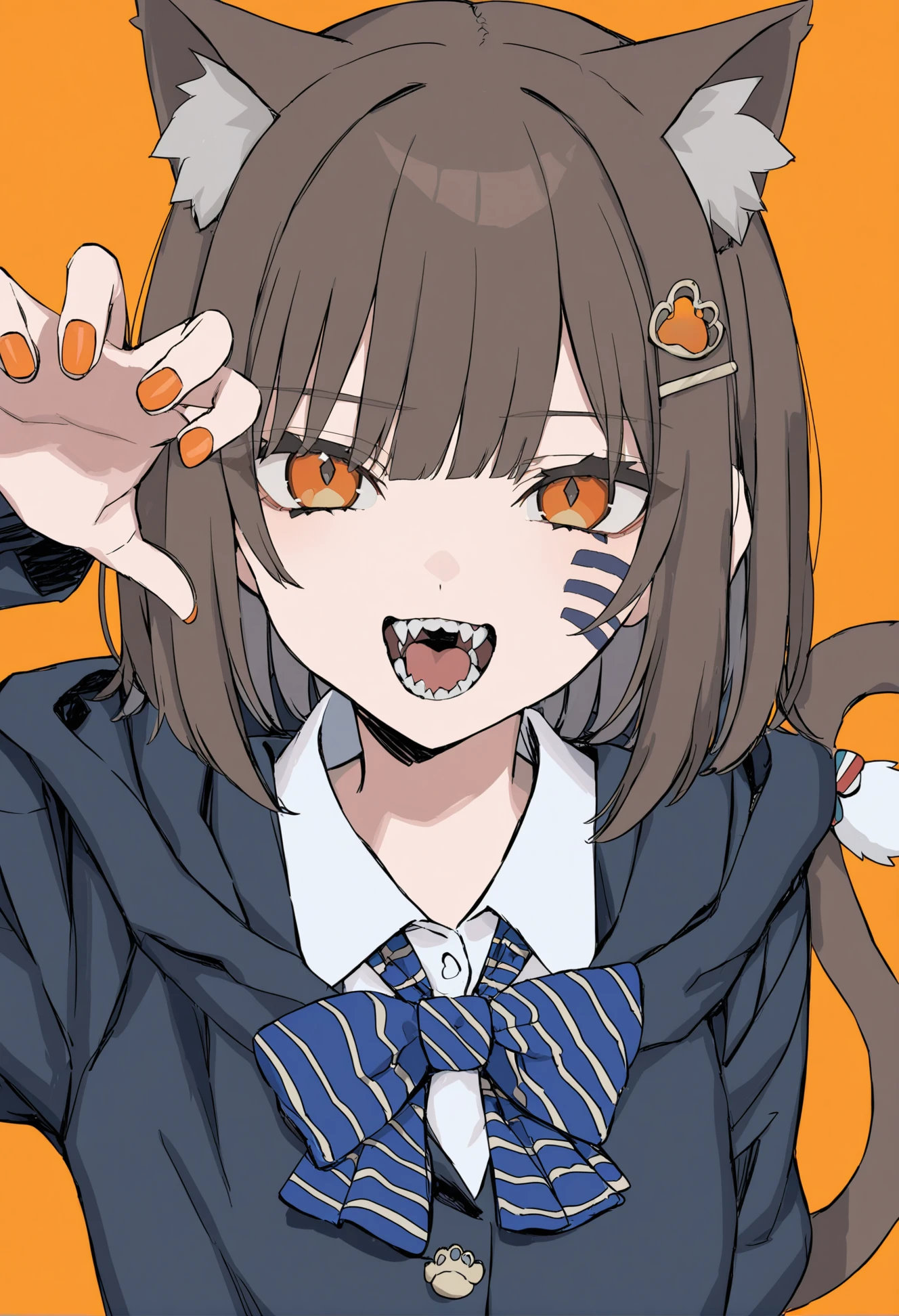 masterpiece, best quality,
1girl,
solo, animal ears, bow, teeth, jacket, tail, open mouth, brown hair, orange background, bowtie, orange nails, simple background, cat ears, orange eyes, blue bow, animal ear fluff, cat tail, looking at viewer, upper body, shirt, school uniform, hood, striped bow, striped, white shirt, black jacket, blue bowtie, fingernails, long sleeves, cat girl, bangs, fangs, collared shirt, striped bowtie, short hair, tongue, hoodie, sharp teeth, facial mark, claw pose, hooded jacket, blue hoodie, yellow background, hair ornament, paw ornament, tail raised, dress shirt, hairpin, slit pupils, hair over one eye, arm behind back, striped clothes, whisker markings, hand up
<lora:hakuhiruoeoeXLlokr-000056:1>