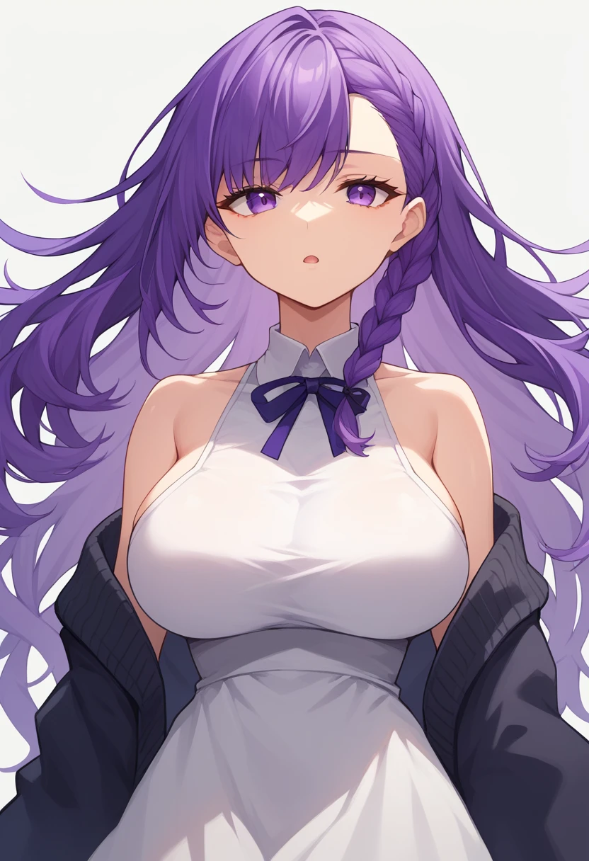 score_9, score_8_up,
1girl, solo,
long hair, purple hair, purple eyes, braid, large breasts, white dress, black cardigan, expressionless, open mouth,
white background,
