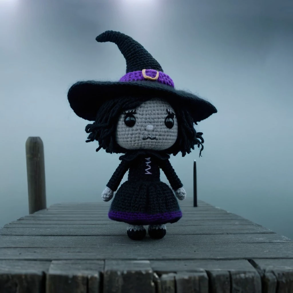 Witch,
Sinister, fog-covered dock,
movie scene  in amigurumi style, extremely fuzzy yarn, 
HD, 8k, highly detailed, perfect composition, depth of field, cinematic lighting, volumetric lighting, color graded, 
 <lora:Amigurumi_Style_XL_LyCoris_v1.5.2-000024:1>