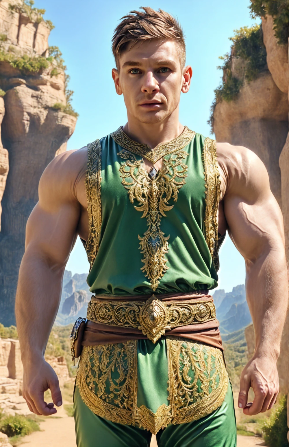 (face focus). (close up shot:0.9), <lora:BulkedUpAIR1.5:0.5>, (masculine:1.4), muscles:0.5,((short hair)), at outdoor fantasy landscape, (wearing elaborate fantasy tunic:1.3), (wearing elaborate fantasy pants:1.2), sexy pose:1.0, confident, handsome, (((masterpiece))), (((best quality))), <lora:more_details:0.5>, (hands on waist), male, athletic, looking at viewer, DomNob, <lora:DomNob (10):1>