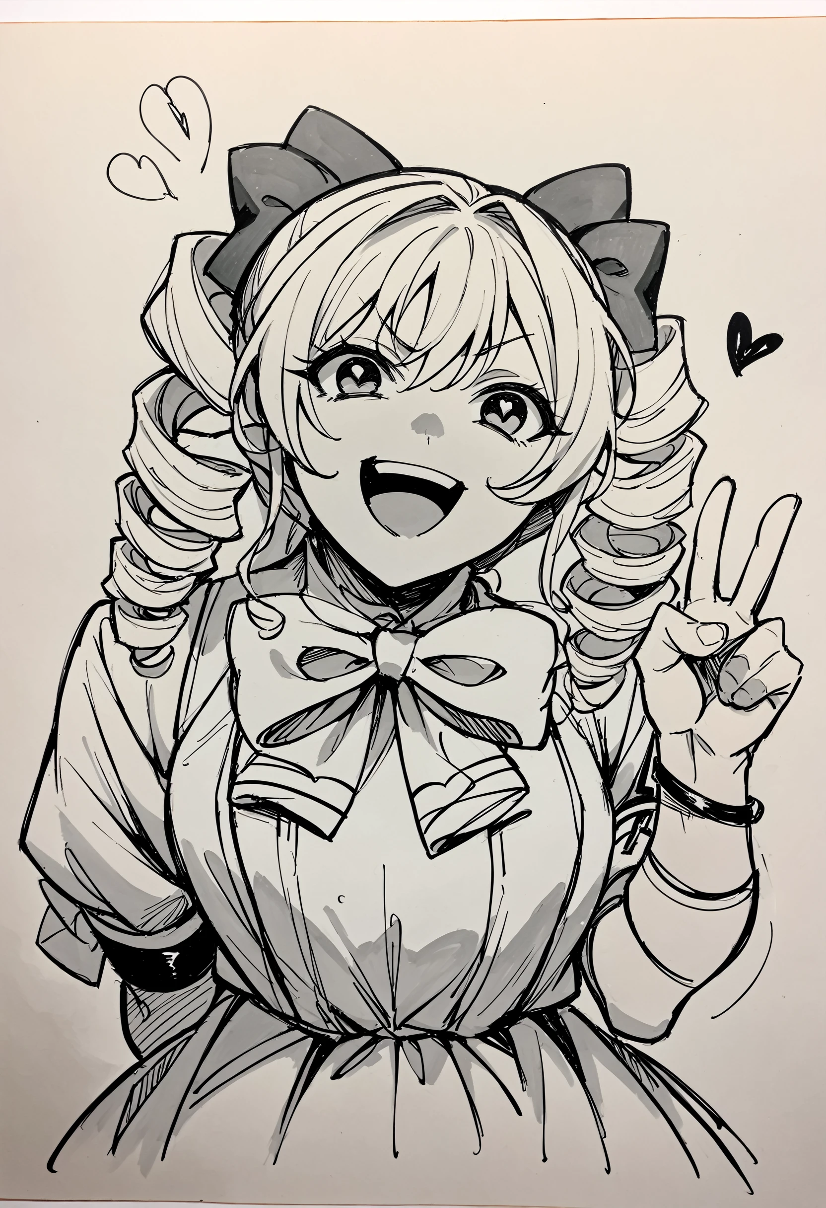 score_9, score_8_up, score_7_up, BREAK
1girl, sketch, upper body, drill hair, open mouth, :d, medium hair, teeth, v, smile, solo, looking at viewer, bow, dress, bowtie, greyscale, armband, hikimayu, photo \(medium\), traditional media, simple background, monochrome, large bow, wristband, heart, v-shaped eyebrows, high contrast, arm behind back, v over mouth, head tilt, twin drills, hair bow, sidelocks
<lora:Sketch diffusion attempt no trigger DoRA PDXL TA 40:1>