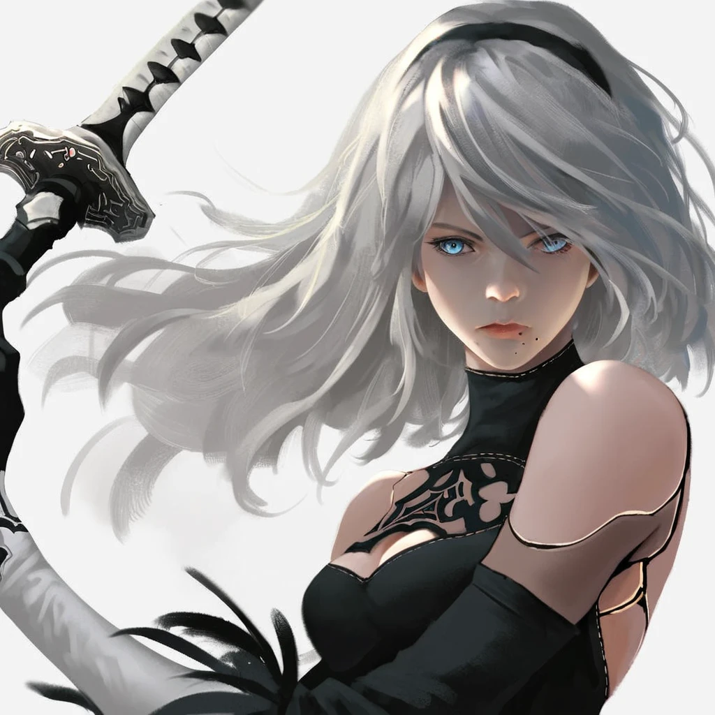 <lora:Wlop_Style_PonyXL:1>, wlop, by wlop, score_9, score_8_up, score_7_up, score_6_up, score_5_up, score_4_up, source_anime, 1girl, bare shoulders, blue eyes, elbow gloves, gloves, highres, long hair, mole, mole under mouth, nier (series), nier automata, solo, sword, weapon, white background, a2 (nier automata)