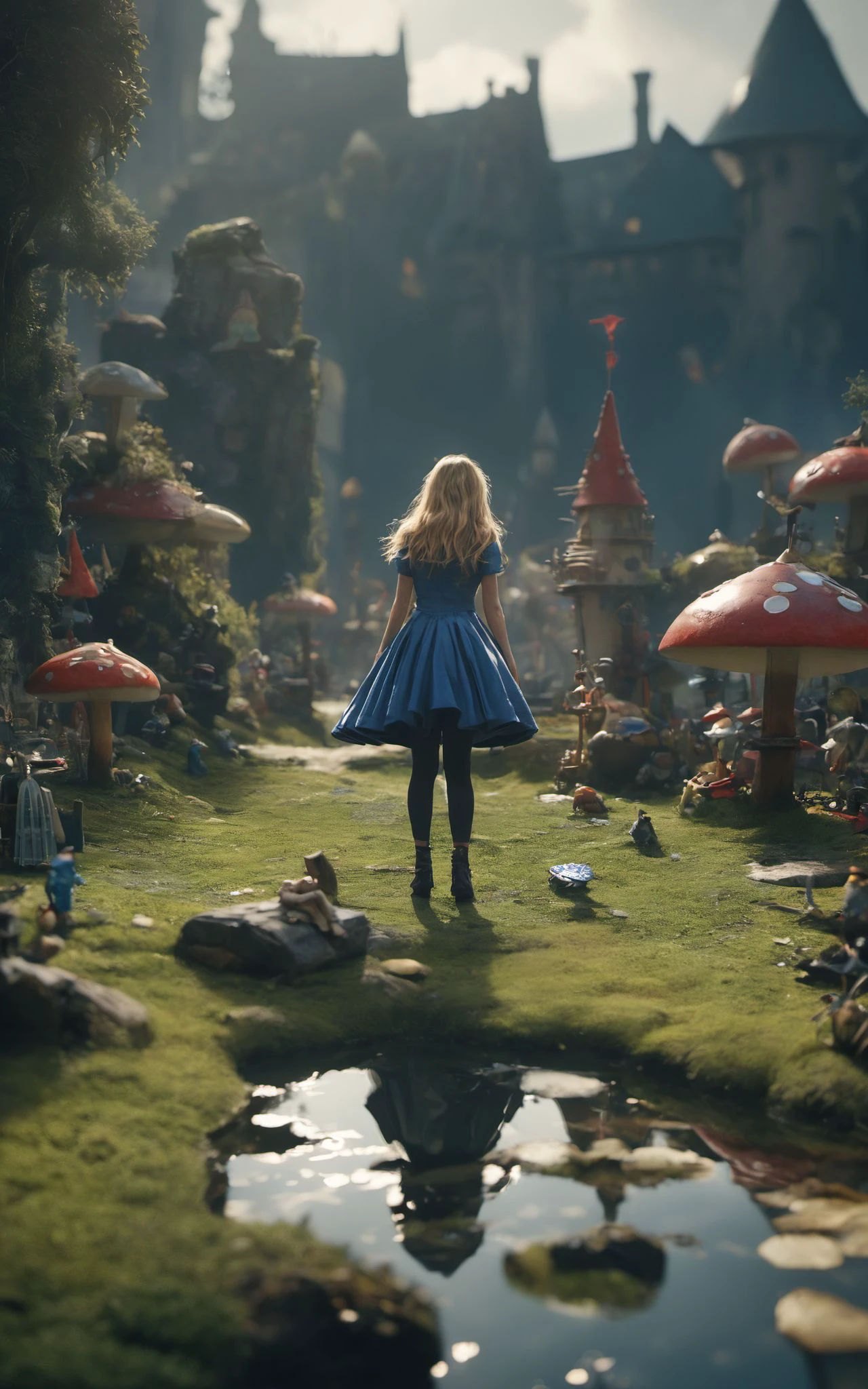 Alice's Adventures in Wonderland,Tilt-shift lens shooting,Epic CG masterpiece,surrounded by huge pieces,luminous reflections,dark indigo and light gray,meticulous military scenes,refined aesthetic sensibility,heavy shading,photorealistic 32K resolution,