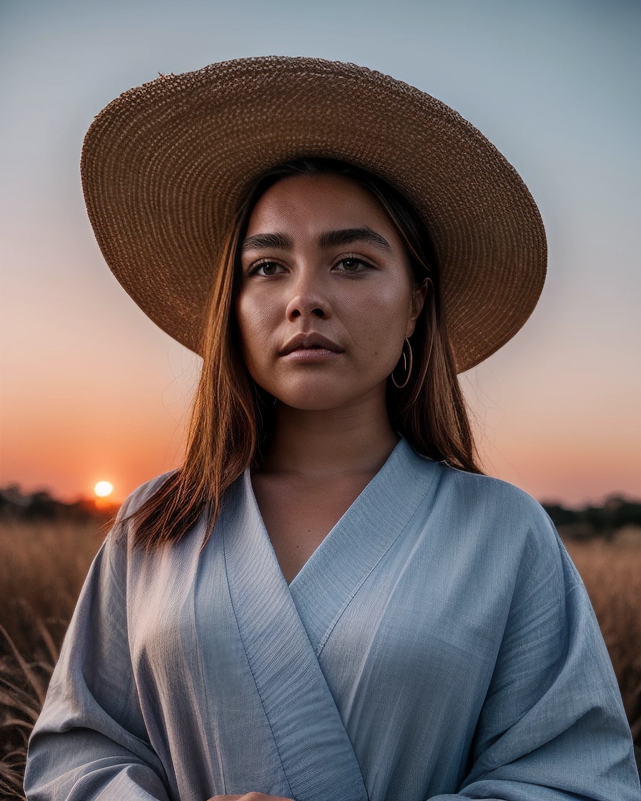  florp,(realistic), (hyperrealism), (photorealistic:1.4), closeup portrait, Clad in a linen hanfu adorned with a dark-red mystical galaxy pattern and large sedge hat, she commands attention, very detailed, raw photo, a blue sunset landscape, photorealistic, high detailed texture, 8k uhd, dslr, soft lighting, high quality, film grain, Fujifilm XT3, highly detailed photography, (muted colors, cinematic, dim colors, soothing tones:1.2), vibrant, insanely detailed, hyperdetailed, (dark shot:1.2), (vsco:0.3), (intricate details:0.9), (hdr, hyperdetailed:1.2)