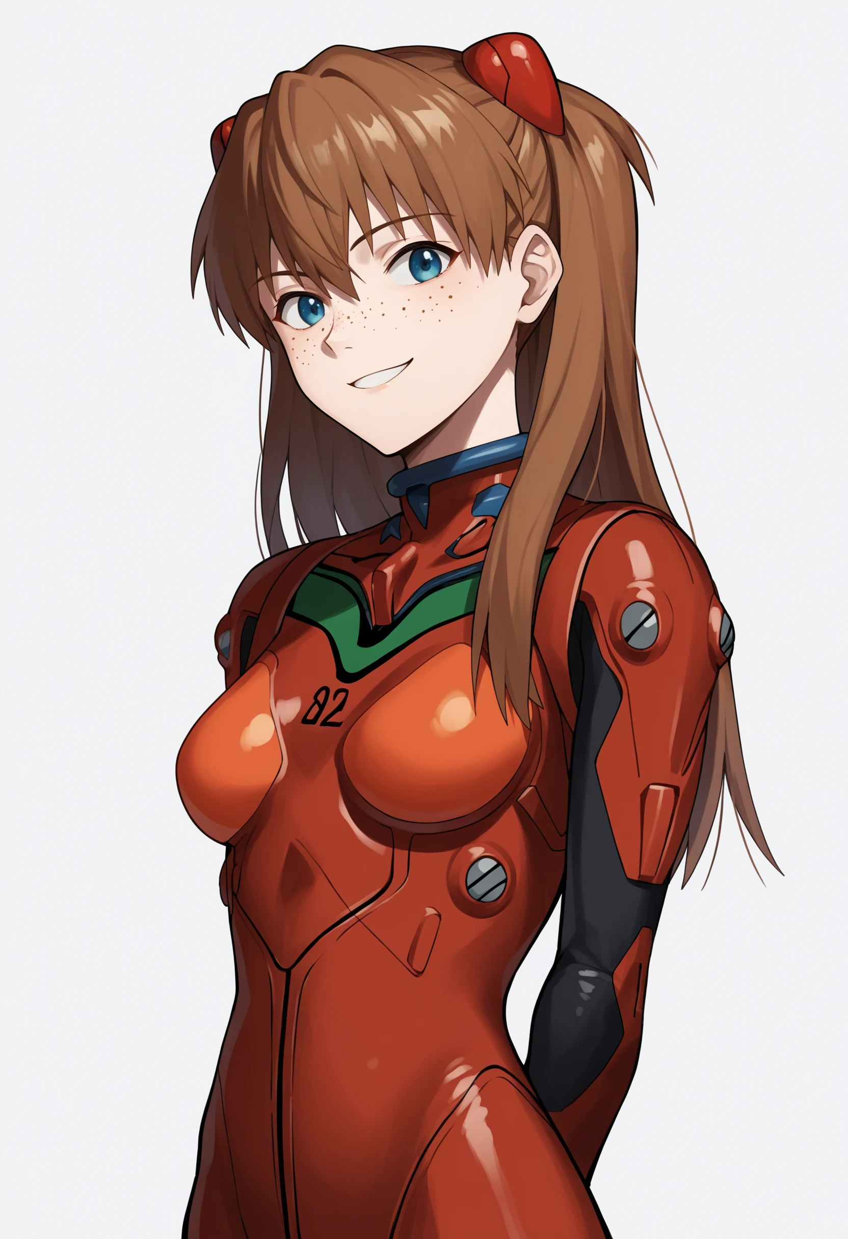 score_9, score_8_up, score_7_up, score_6_up, score_5_up, score_4_up, BREAK, source_anime,
1girl, shirogane, souryuu asuka langley, brown hair, twintails, bangs, freckles, long hair, blue eyes,
red plugsuit, plugsuit,
hands behind back, smile, upper body, looking at viewer, solo, simple background, white background <lora:ShiroganeXL:1>