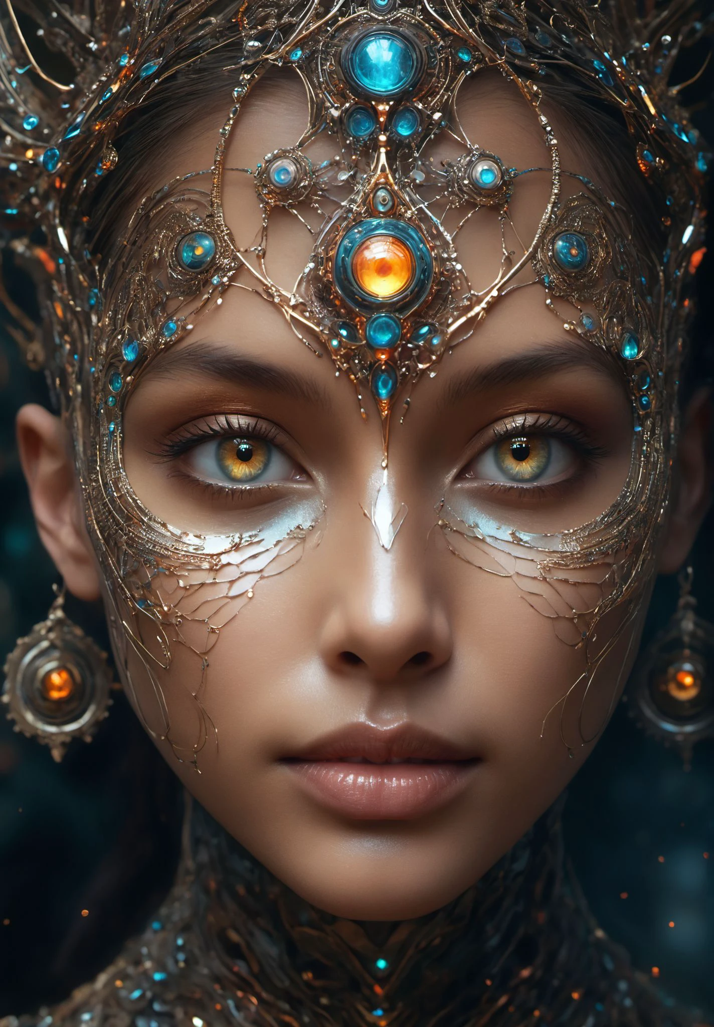 (8k, RAW photo, highest quality),hyperrealistic abstract style portrait of an otherworldly being with metallic skin,glowing orbs for eyes,and intricate fractal patterns emanating from their face,non-representational,colors and shapes,expression of feelings,imaginative,highly detailed,
<lora:XL~Q?-_Bpo:0.6>,
