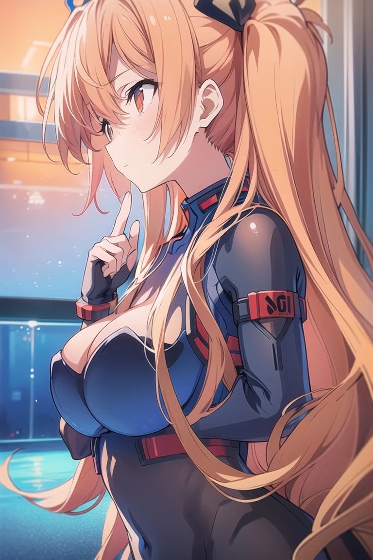 (masterpiece),best quality,souryuu asuka langley, 1girl, plugsuit, bodysuit, red bodysuit, long hair, solo, breasts, from side, lips, leaning forward,orange hair,finger to mouth,