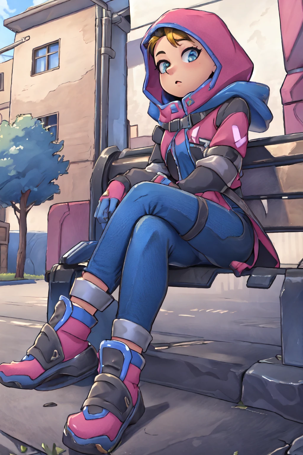 <lora:Wattson_Missing_Lynx_v1:0.8>, sitting street bench, wattson, gloves, black hair, jacket, looking at viewer, hood, full body, pants, sneakers, hood up,