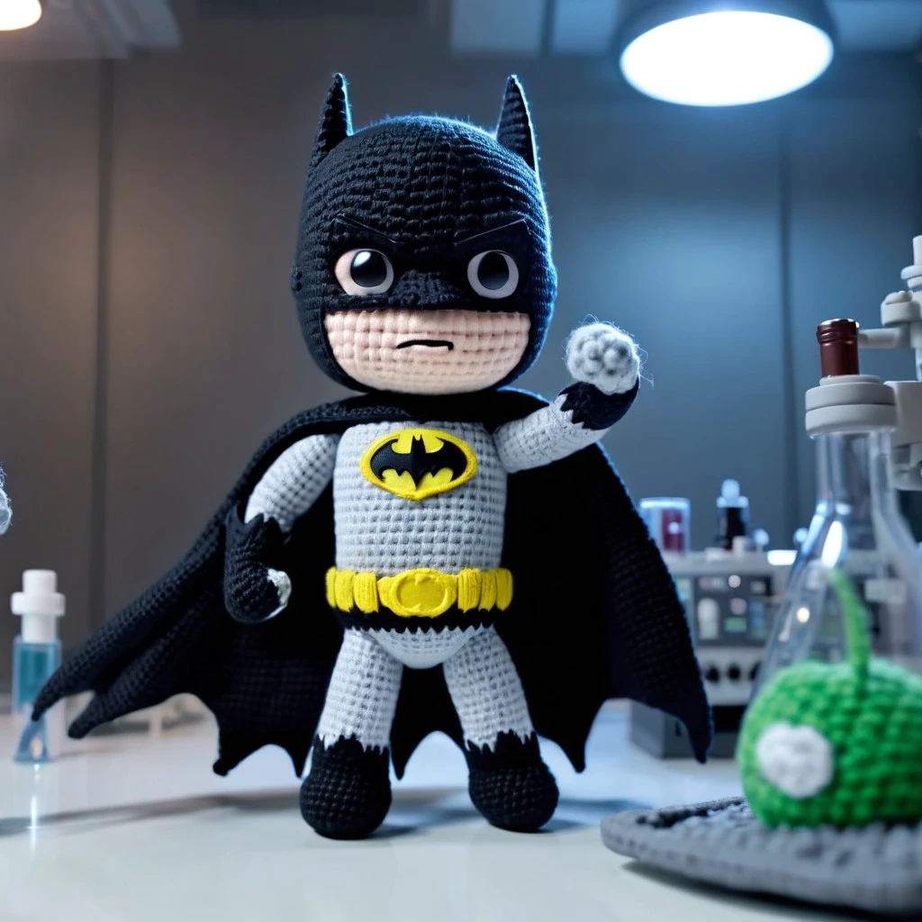 superhero action movie scene, scientific laboratory setting, action pose, 
Batman  in amigurumi style, 
HD, 8k, highly detailed, perfect composition, depth of field, cinematic lighting, volumetric
 <lora:Amigurumi_Style_XL_LyCoris_v1.5.2-000024:1>