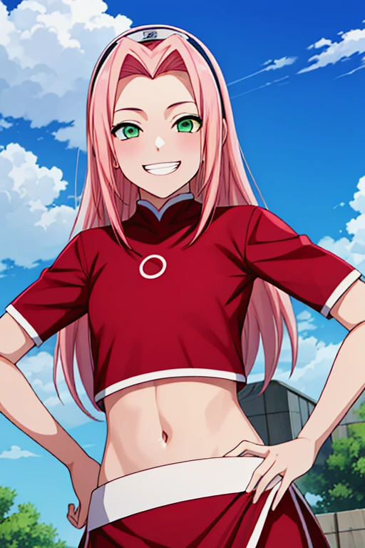 masterpiece, high quality,  1girl,2000s (style), year 2007, anime_art_style, cartoon, anime coloring, naruto, haruno sakura, solo, navel, pink hair, smile, hands on hips, midriff, green eyes, crop top, red shirt, outdoors, looking at viewer, sky, stomach, day, shirt, long hair, short sleeves, cloud, breasts, blue sky, grin, small breasts, hair intakes, standing, hairband, bangs, skirt <lora:Haruno_sakura:0.8> <lora:hyperdetailer_v095:0.7>