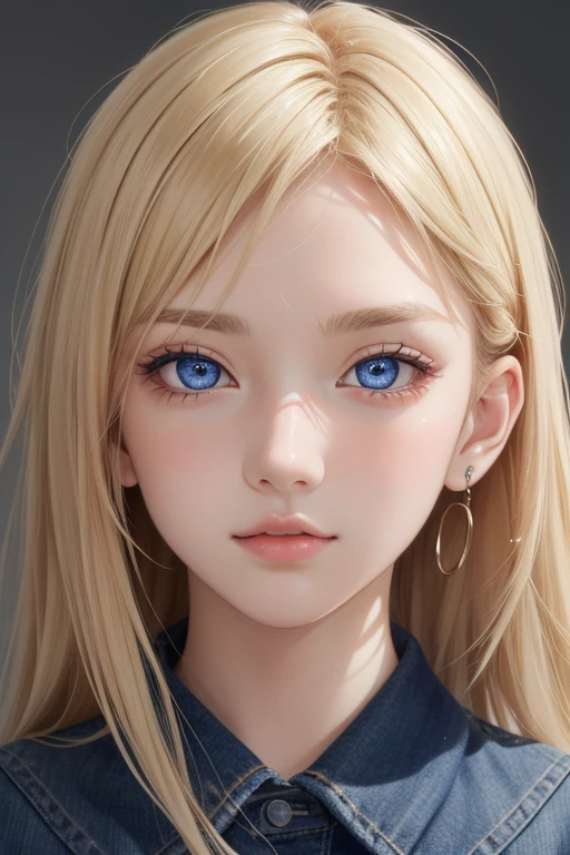 1girl, upper body, (masterpiece, best quality), RAW photo, 16k wallpaper, extremely detailed CG, amazing, ultra detailed, hyperrealistic, official art, High quality texture, incredibly absurdres, highres, 18 years old, cute girl, blonde hair, beautiful face, detailed large indigo eyes