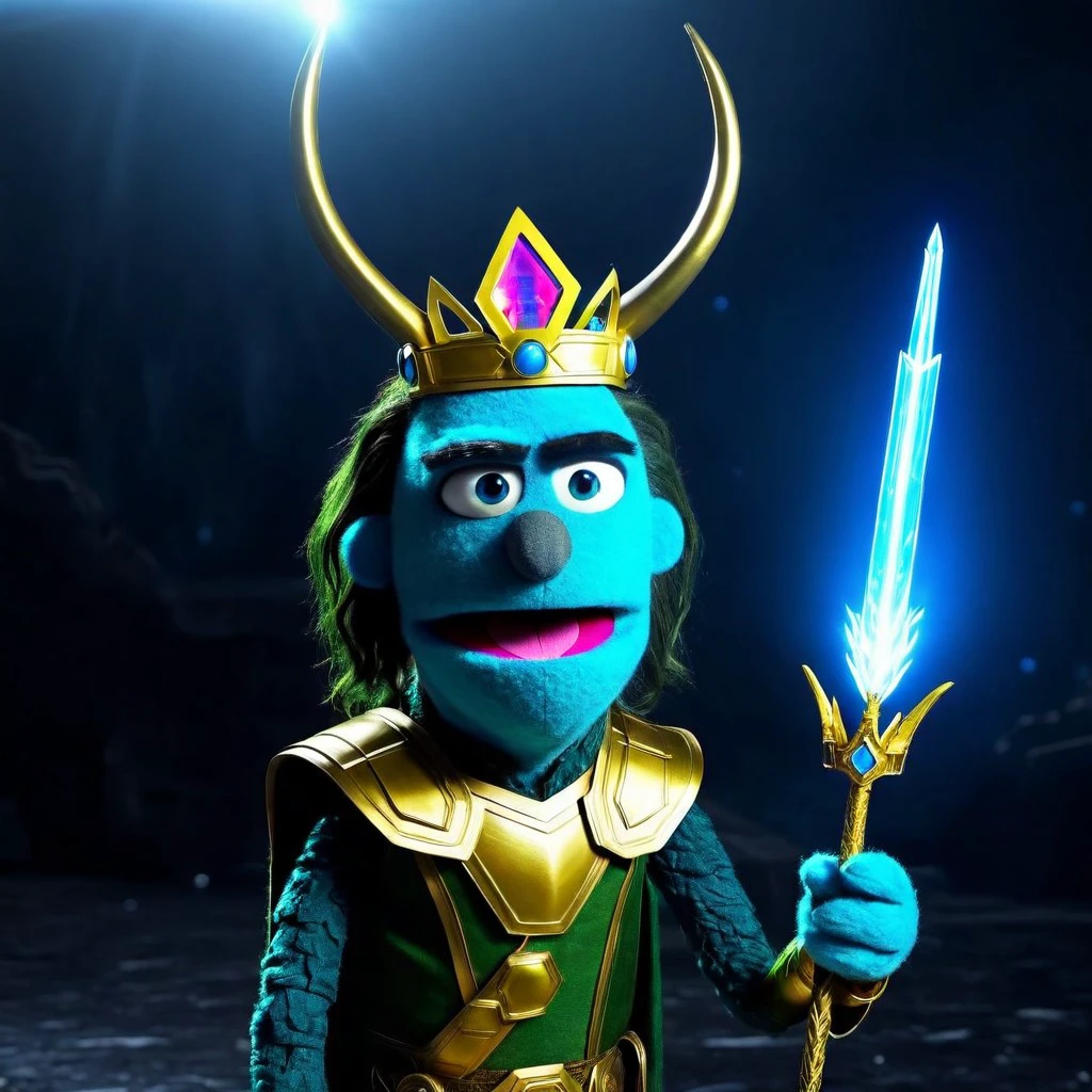 Dystopia (Sci-Fi) movie scene, mppt puppet,  
Loki wearing a golden crown with two long curved horns, holding the glowing blue Tesseract, smirking with a magical aura around him.,  
Embarrassed facial expression , action  pose, 
HD, 8k, highly detailed, perfect composition, depth of field, cinematic lighting, volumetric
 perfect eyes, 
 <lora:MPPT_XL_LyCoris_v1.5.2-000007:1.0>