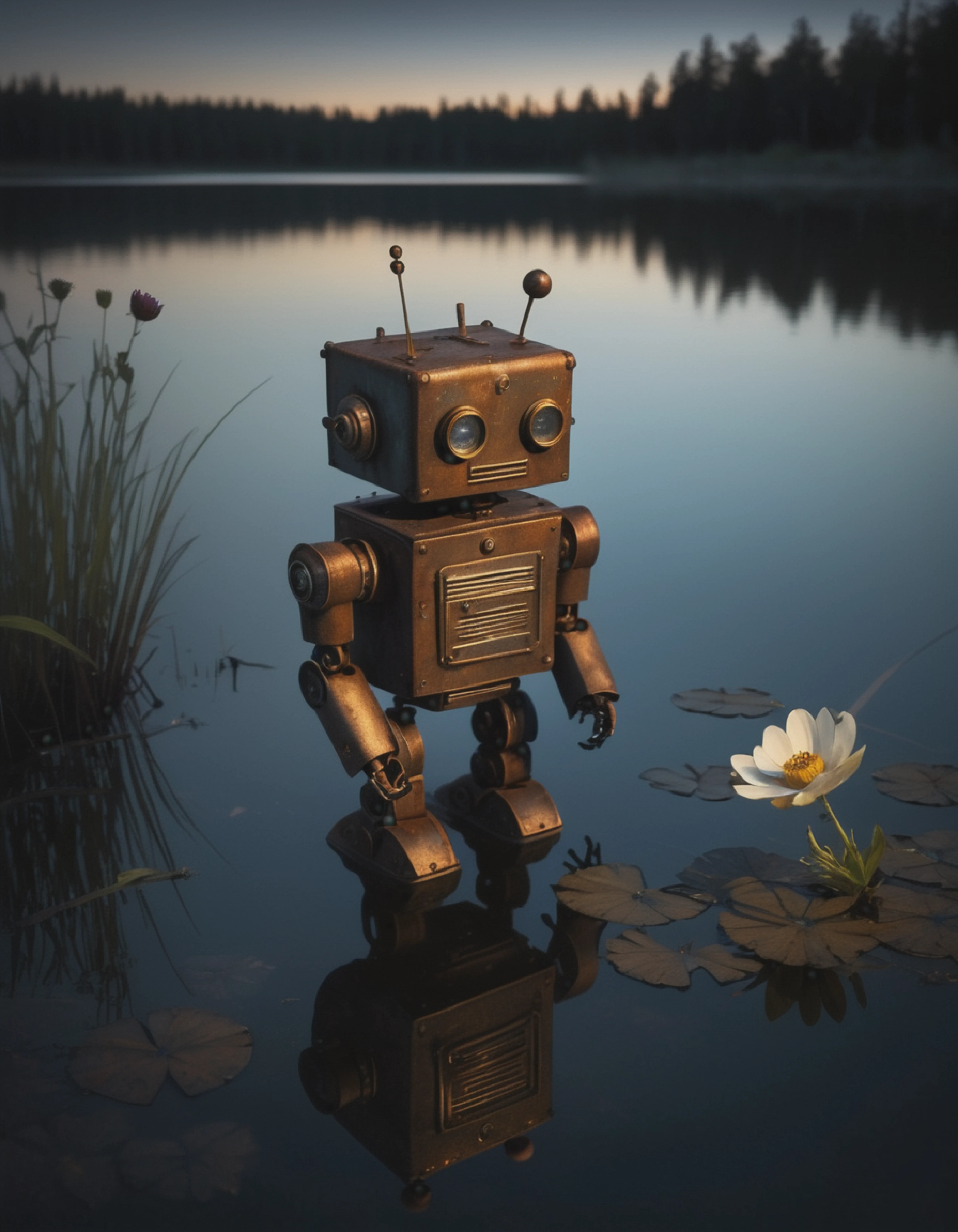 Dystopian style lonely tiny robot, rusty worn patina, hopeless forlorn expression, looking down, dramatic, highly detailed, (Dark shadows, natural lighting:1.8) As night falls over a tranquil lake, moonlight casts long shadows across the water's surface, where a single wildflower blooms on the shore, its delicate beauty highlighted by the soft glow of the night sky.