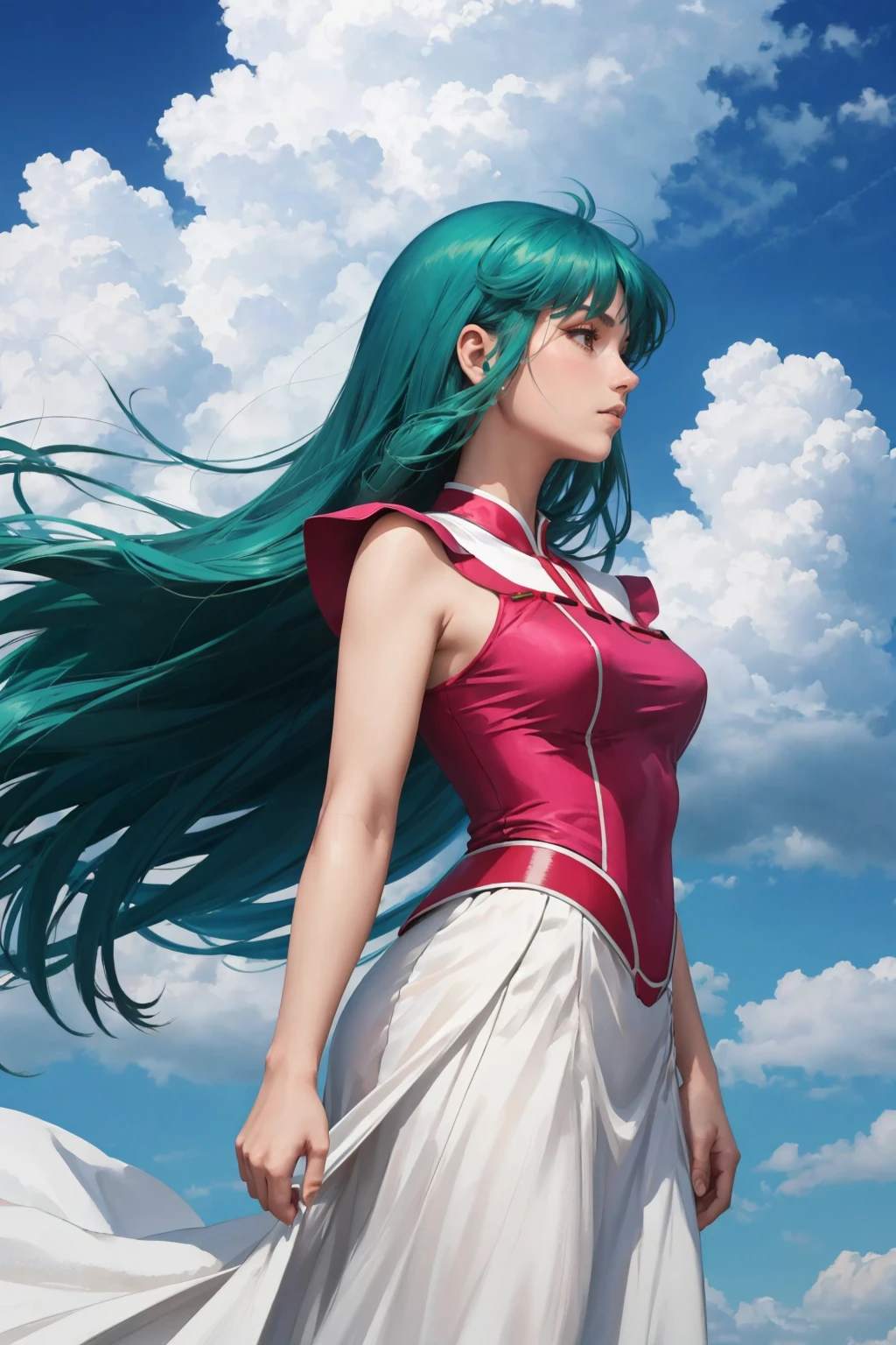 masterpiece, best quality, 1girl  <lora:cielalapana-nvwls-v1-000009:0.9> clapana, green hair, pink dress, sleeveless, white skirt, looking at viewer, profile, blue sky, expressionless, hair blowing in the wind, clouds