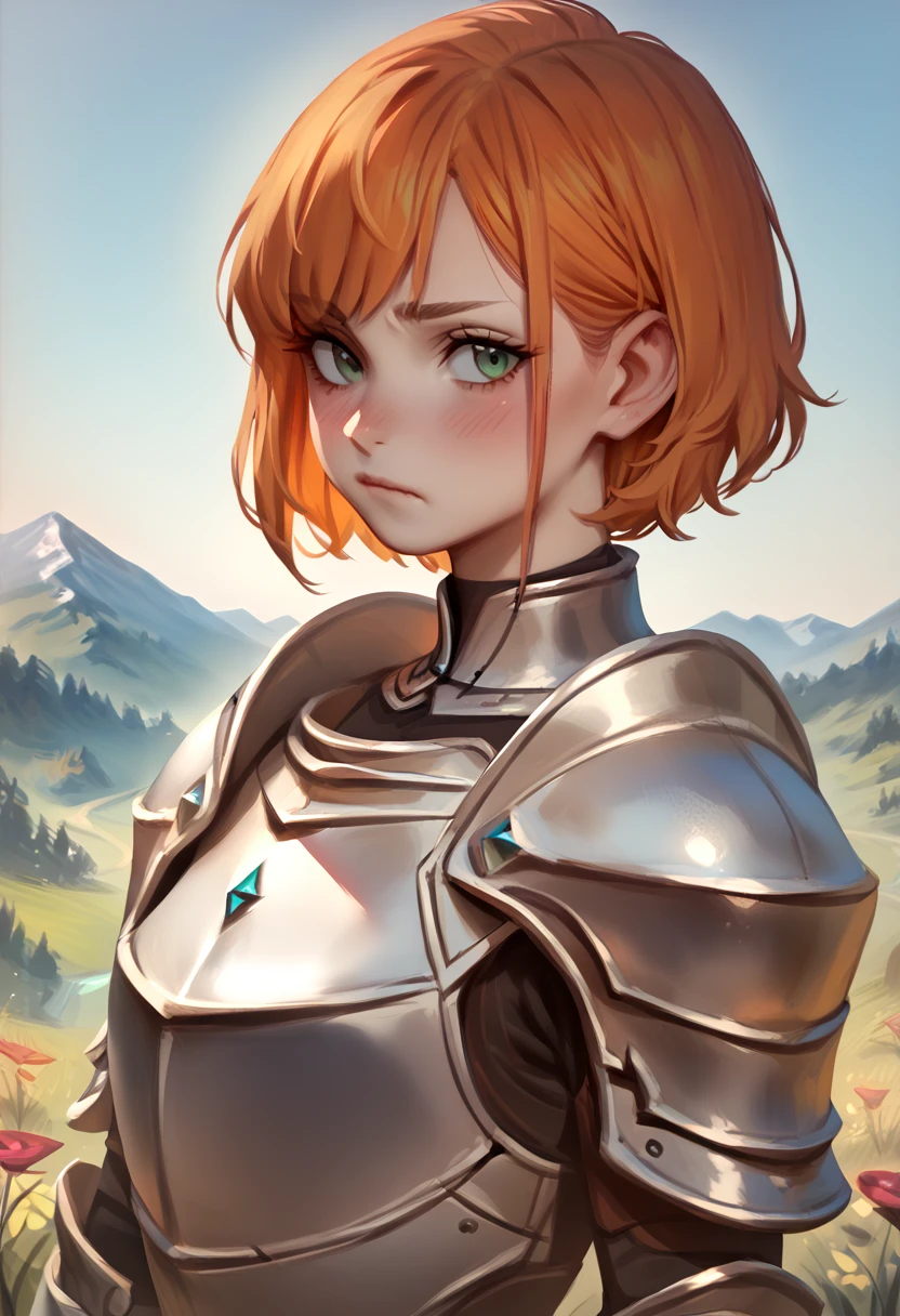 score_9, score_8_up, score_7_up, score_6_up, score_5_up, score_4_up, BREAK rating_safe, 1girl, outdoors, armor, solo, green eyes, mountain, orange hair, looking at viewer, shoulder armor, short hair, breastplate, upper body, day, sky, closed mouth, flower, blush, pauldrons, mountainous horizon, bangs, blue sky, grass <lora:Aleriav:1> Aleriav