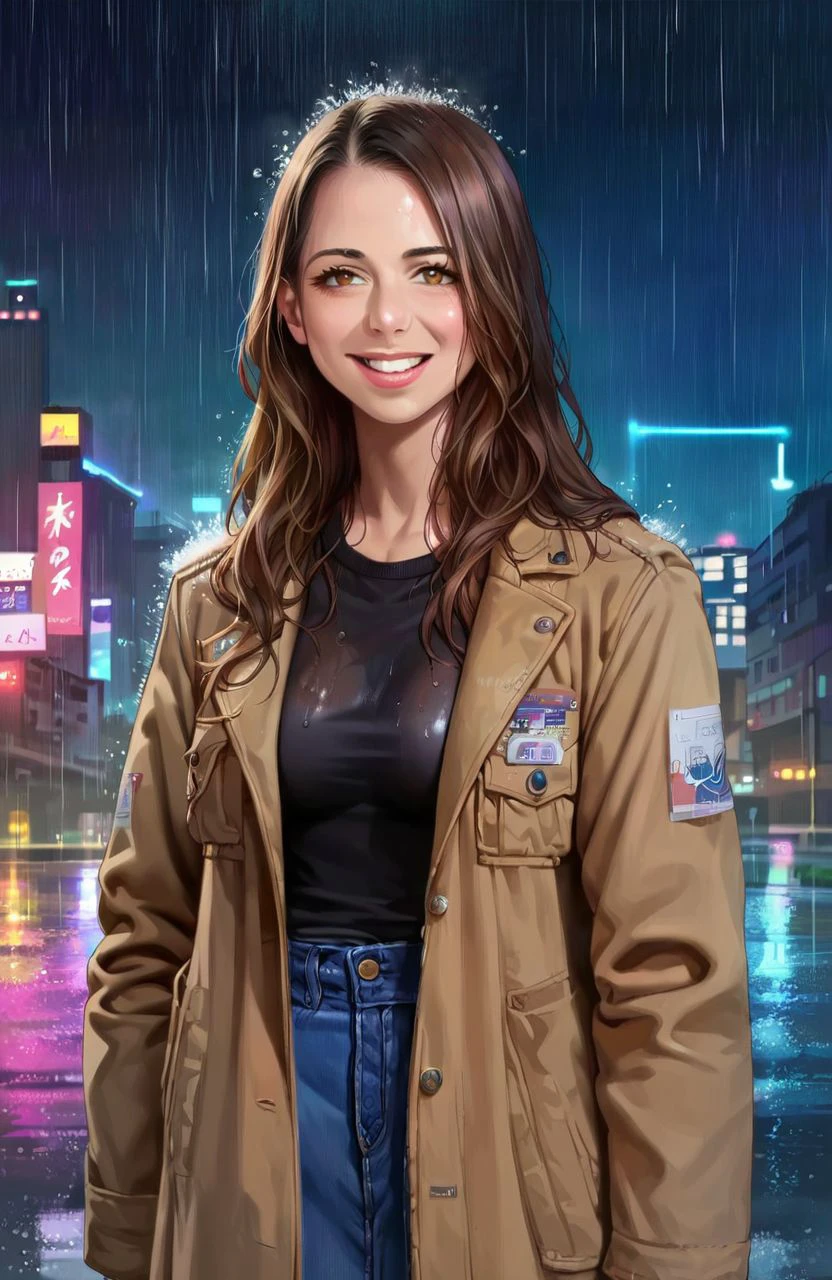 source_anime,
<lora:LauraBailey:1.25> lrbly, 1girl, brown hair, looking at viewer, long hair, brown eyes, anime screencap, medium breasts, smile, open coat,
rain, wet asphalt, city, at night, lamppost,
ponypositive,, score_9, score_8_up, score_7_up, score_6_up, score_5_up, score_4_up,
