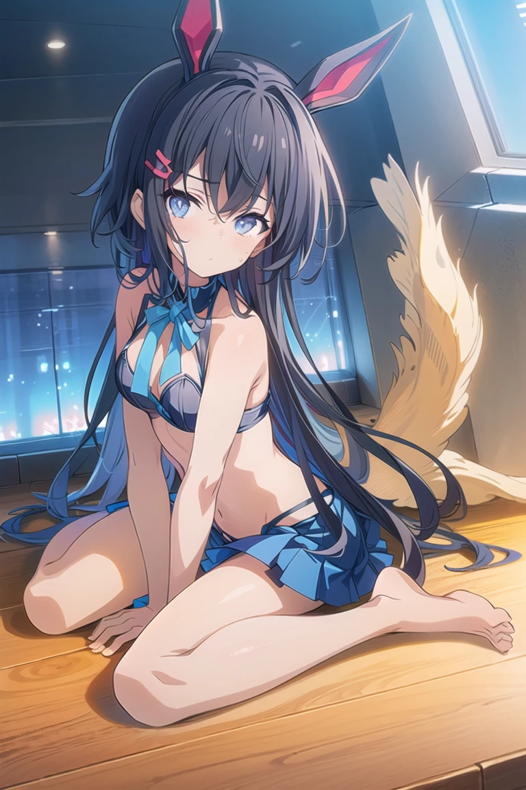 (masterpiece),best quality,three-quarter view,from_above,sitting,wariza,between_legs,fishnets,thighhighs,