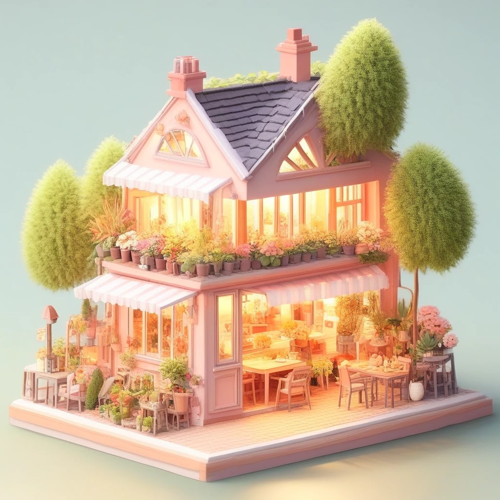 ispzxll, no humans, plant, scenery, potted plant, chair, flower pot, window, lantern, flower, isometric, miniature, diorama
