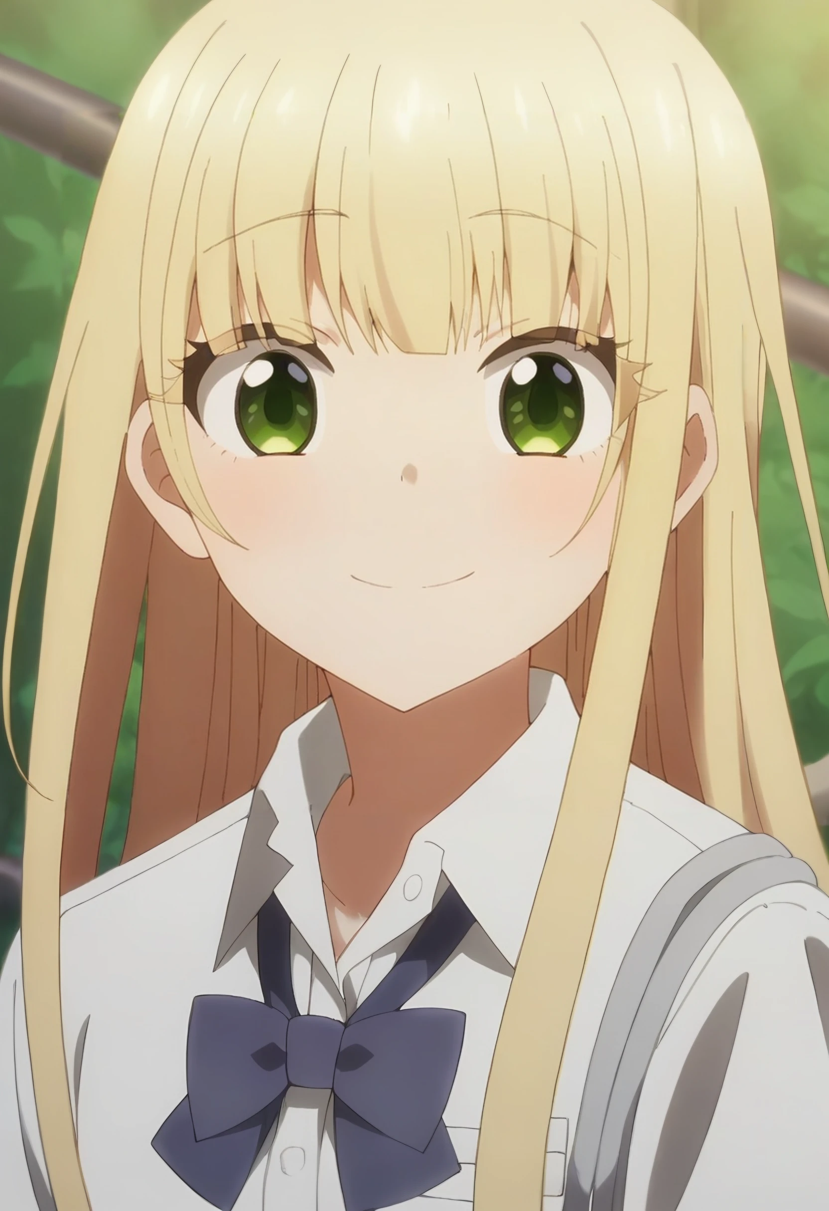 <lora:Izumi Noel:1> izumi noel, long_hair, blonde_hair, green_eyes, 1girl, bangs,solo,     bow , school_uniform,  white_shirt, upper body, smile, looking at viewer, score_9, score_8_up, score_7_up, , anime coloring ,BREAK source_anime, anime