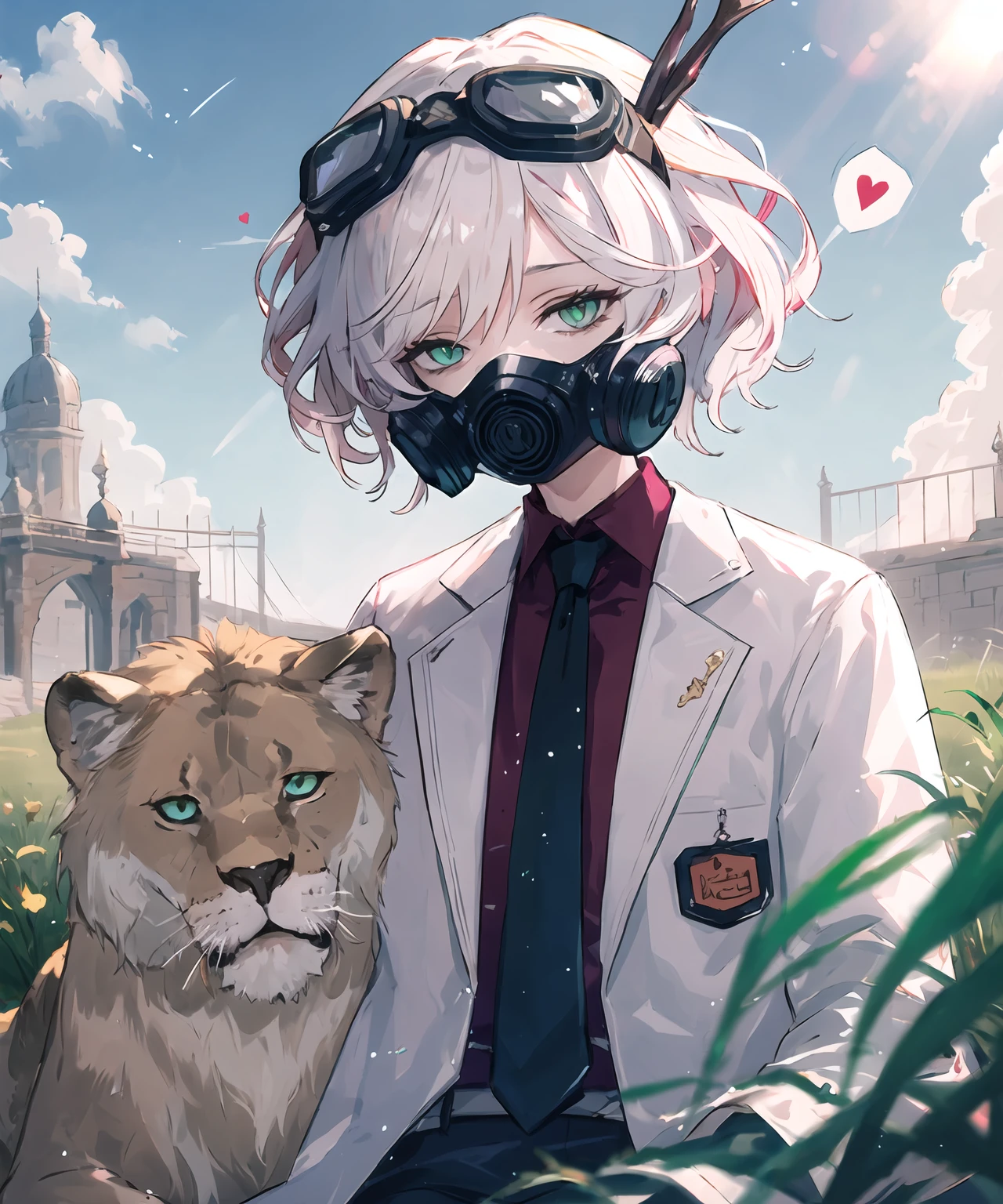 masterpiece,best quality,highres,cinematic lighting,dramatic angle,1girl,<lora:ShadowverseSephieV1:0.8:lbw=jiangshi3>,white hair,green eyes,hair ornament,goggles,mask,lab coat,black suit,necktie,depth of field,grass,petting,animals,lions with scorpion tail and snake on it,sunshine,<lora:backlight_slider_v10:1> ,half-closed eyes,happy,suqatting,blue sky,spoken heart