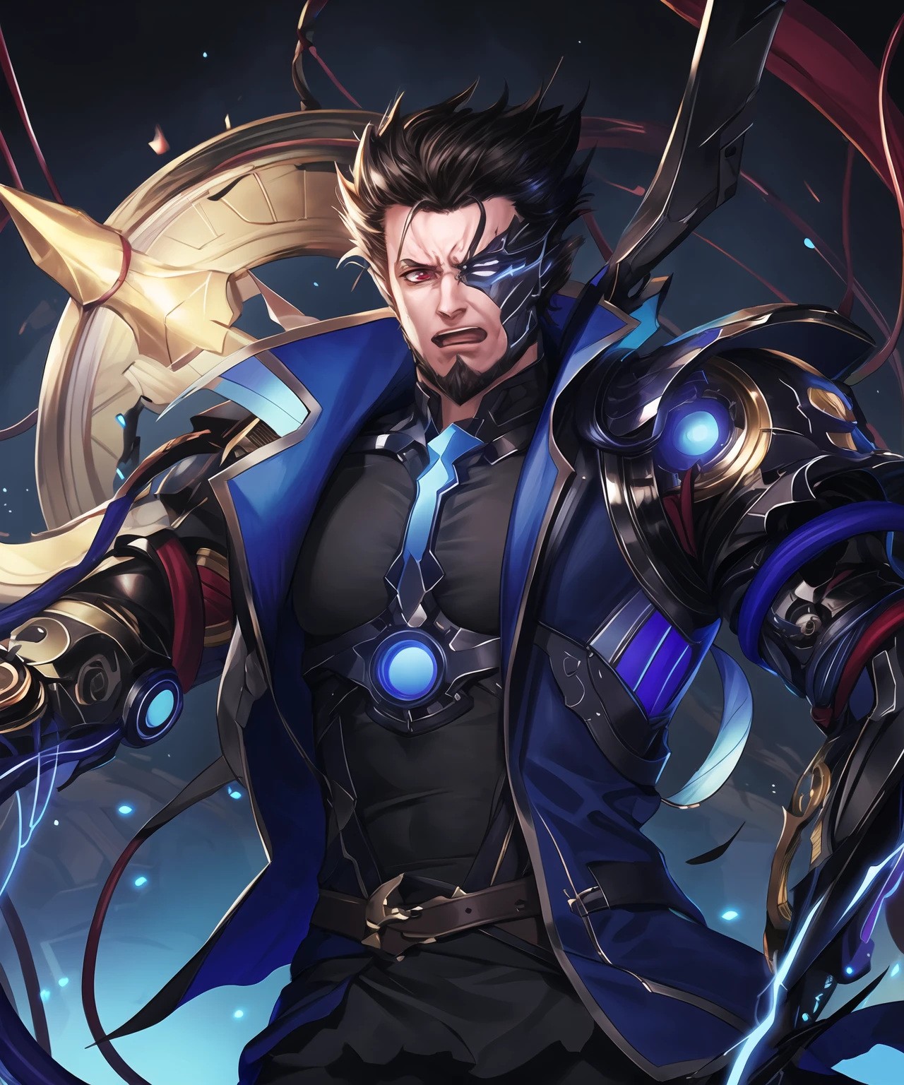 masterpiece,best quality,highres,cinematic lighting,dramatic angle,1boy,<lora:ShadowverseBelphometV3:0.8>,heterochromia, red eyes,blue eyes,black hair,pointy hair,blue jacket,belt,black suit,necktie,,mechanical arms,mechanical parts,mechanical tentacles,wire,electricity,open mouth,teeth,angry,looking at viewer,glowing particles,<lora:flat2:-0.5> ,<lora:add_detail:0.2>