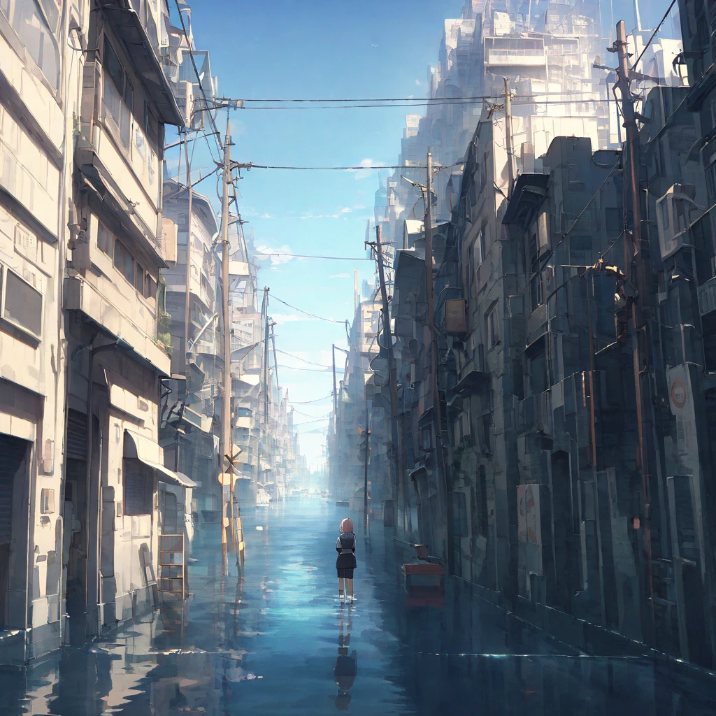 1girl,building, city, cityscape,ocean,power lines,masterpiece, best quality, very aesthetic, absurdres ,    <lora:Submerged ruins-v1:1>