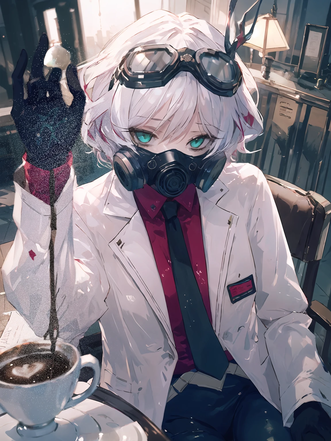 masterpiece,best quality,highres,cinematic lighting,dramatic angle,1girl,<lora:ShadowverseSephieV1:0.8>,white hair,green eyes,hair ornament,goggles,(mask,mouth mask:1.1),white lab coat,red shirt,black necktie,black leather jeans,necktie,depth of field,table,coffee,afternoon tea,adding sugar cube to coffee,gloves,holding sugar cube
