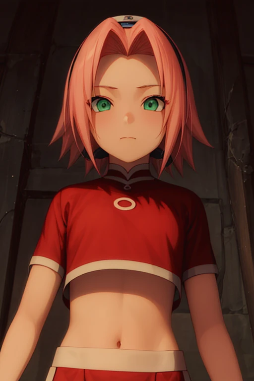 masterpiece, high quality, 1girl, 2000s (style), year 2007, anime_art_style, cartoon, anime coloring, naruto, haruno sakura,  solo, pink hair, green eyes, letterboxed, looking at viewer, red shirt, short sleeves, upper body, short hair, closed mouth, crop top, shirt  <lora:Haruno_sakura:0.8> <lora:hyperdetailer_v095:0.7>