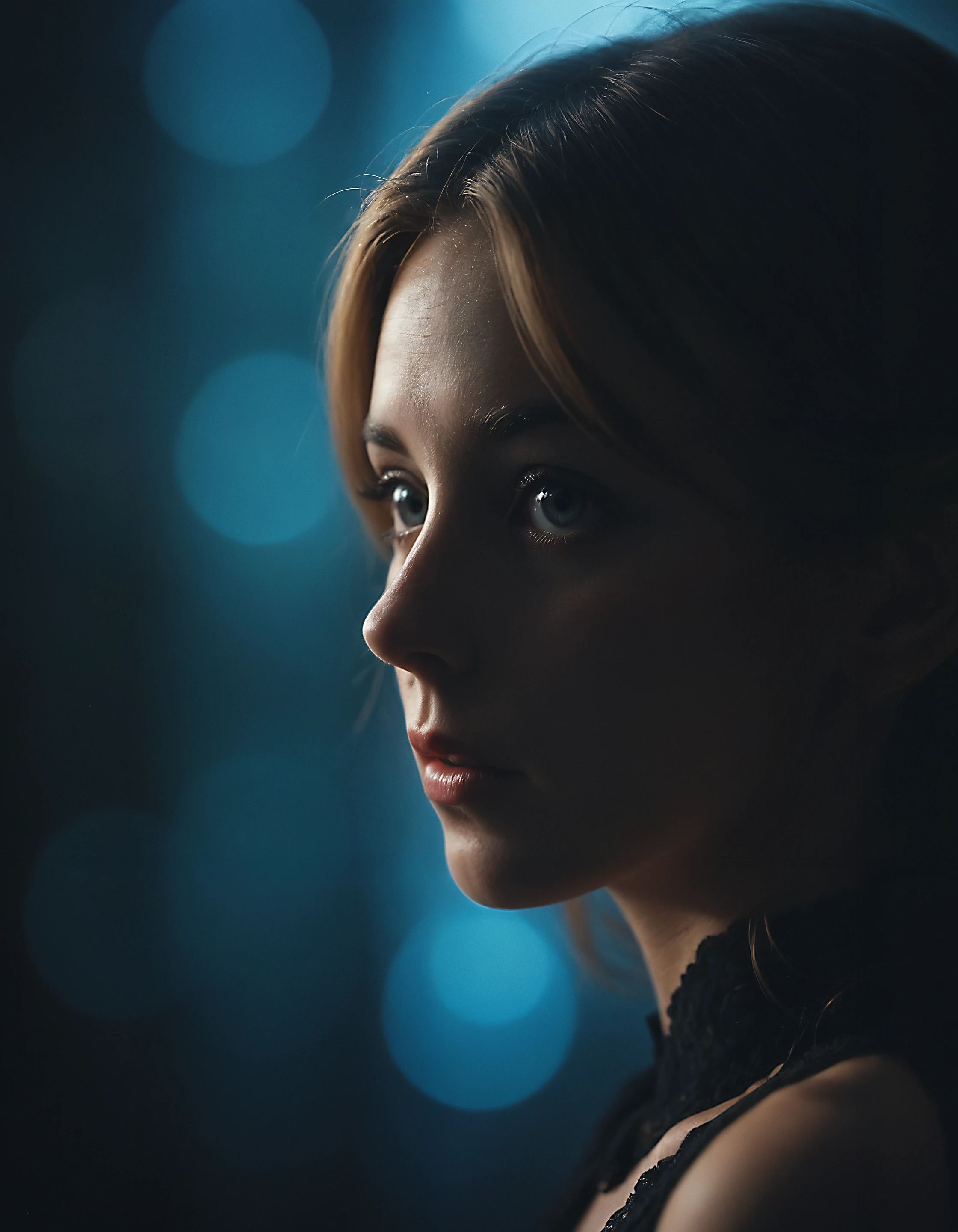 Siluette,cinematic photo ,dark photo of portrait of beautiful woman 35mm cinematic , film, bokeh, professional, 4k, highly detailed, 35mm photograph, film, bokeh, professional, 4k, highly detailed, cold colors, high contrast