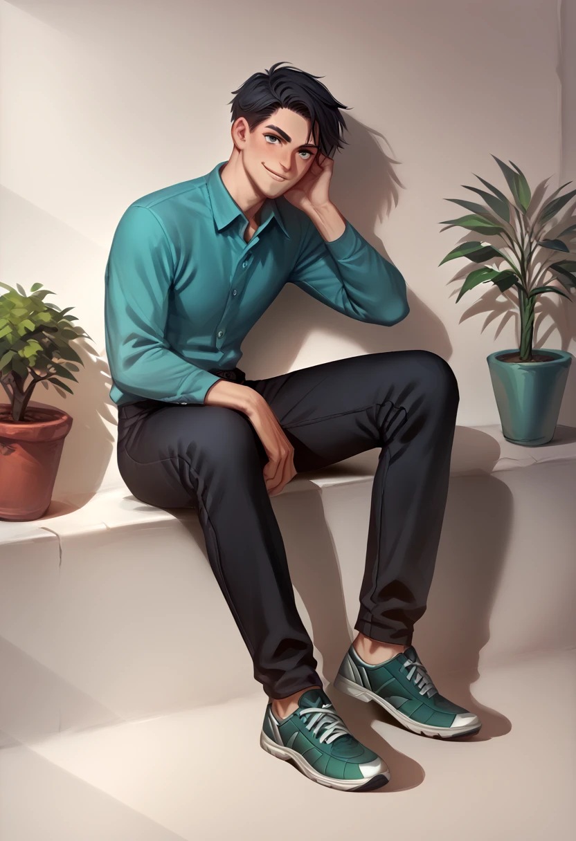 score_9, score_8_up, score_7_up, score_6_up, score_5_up, score_4_up, BREAK solo, 1boy, plant, shirt, male focus, shoes, black hair, pants, black pants, sitting, green footwear, collared shirt, potted plant, aqua shirt, blue shirt, shadow, long sleeves, looking at viewer, smile, short hair, green background, full body, green
<lora:Aleriav:1> Aleriav