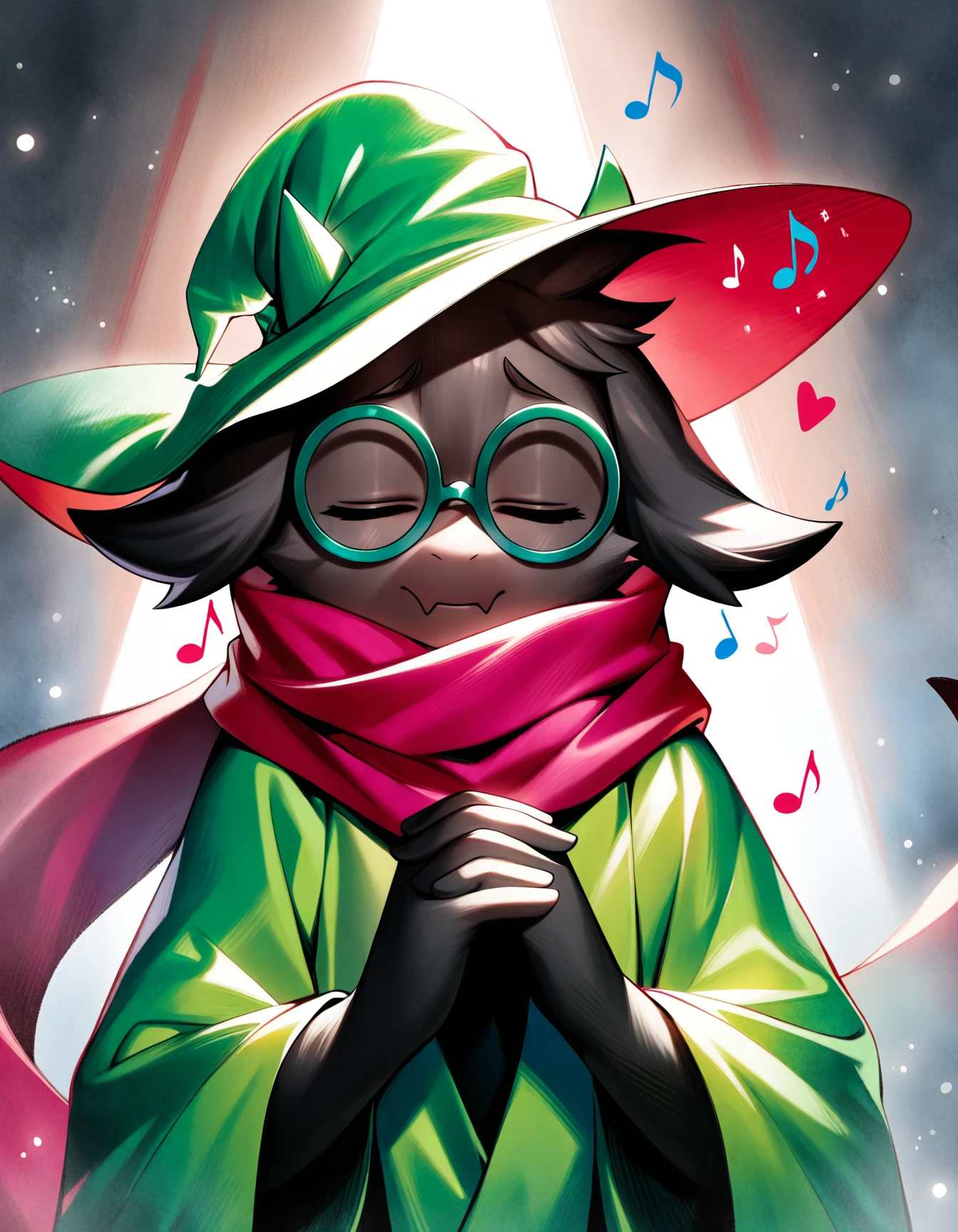 maskedralsei, art by by chanifge, cgi, digital painting, masterpiece, best quality, heart, glasses, scarf, wizard hat, own hands together, black fur, closed eyes, singing, music, musical note, eighth note, hands up, other focus, upper body, standing, quarter note 