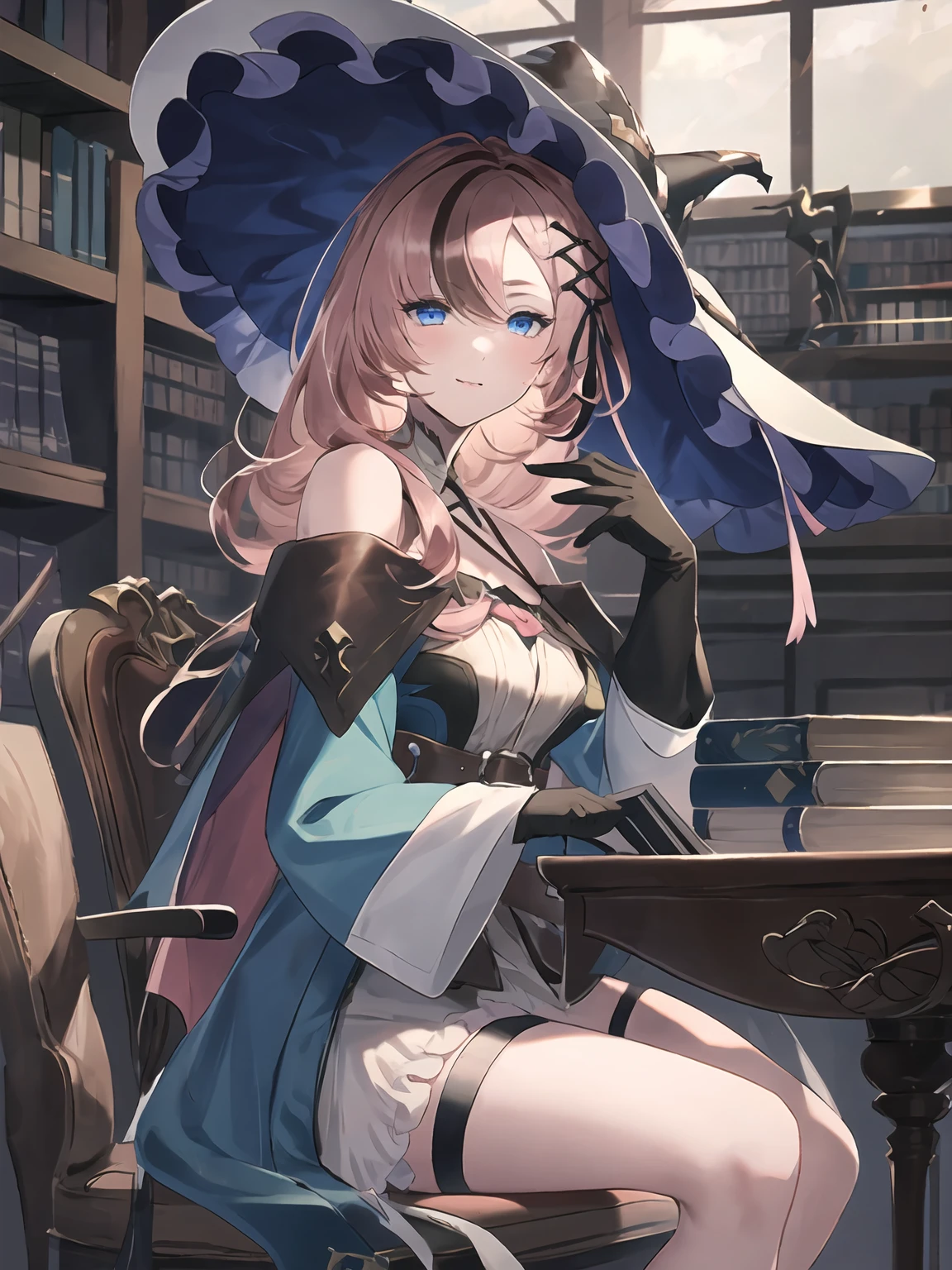 masterpiece,best quality,highres,cinematic lighting,dramatic angle,1girl,pink hair,two-tone hair,blue eyes,<lora:ShadowverseSaintTeresaV2:0.8:lbw=jiangshi3>,witch hat,hairband,hair ribbon,hair ornament,bare shoulders,capelet,bowite,halterneck,detached collar,green dress,white dress,frills,thigh strap,looking at viewer,reading book,library,belt,sidelocks,gloves,ribbon,smile,<lora:backlight_slider_v10:0.5> ,smile,sunshine,sitting,from side,turning head,desk,chair,table