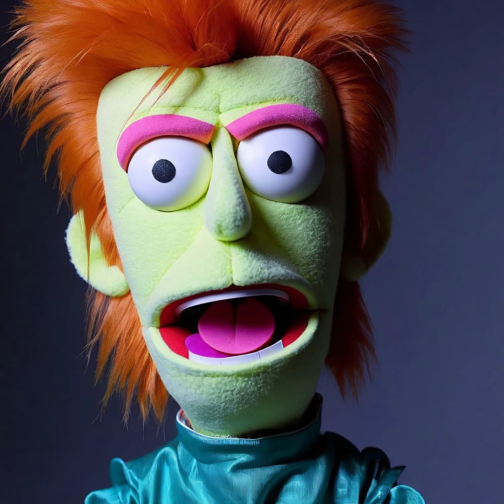 vhs freezeframe, 
David Bowie  puppet, 
mppt ,   puckering facial expression , candid pose,
HD, 8k, highly detailed, perfect composition, depth of field, 
 <lora:MPPT_XL_LyCoris_v1.5.2-000007:0.75>