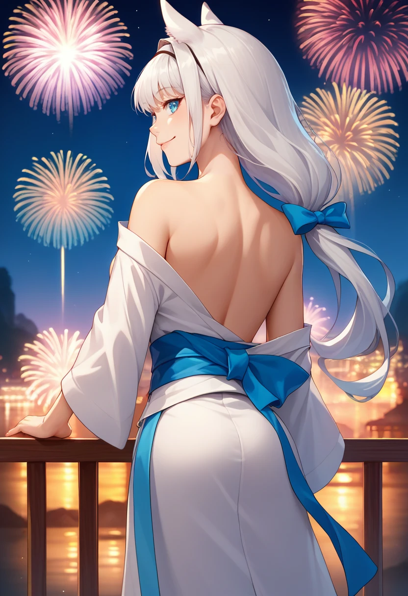 score_9, score_8_up, score_7_up, source_anime, from behind, solo, 1girl, dobrynya nikitich, smile, looking back, low ponytail, hair bow, hairband, animal ears, white kimono, off shoulder, blue sash, bare shoulders, fireworks <lora:fate_dobrynyanikitich_ponyXL-000006:1>