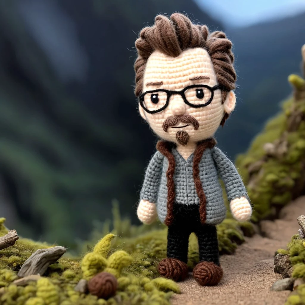 Gary Oldman, candid pose,  
Scenic hiking trail ,
movie scene  in amigurumi style, extremely fuzzy yarn, miniature diorama,  
HD, 8k, highly detailed, perfect composition, depth of field, cinematic lighting, volumetric lighting, color graded, 
 <lora:Amigurumi_Style_XL_LyCoris_v1.5.2-000024:1>