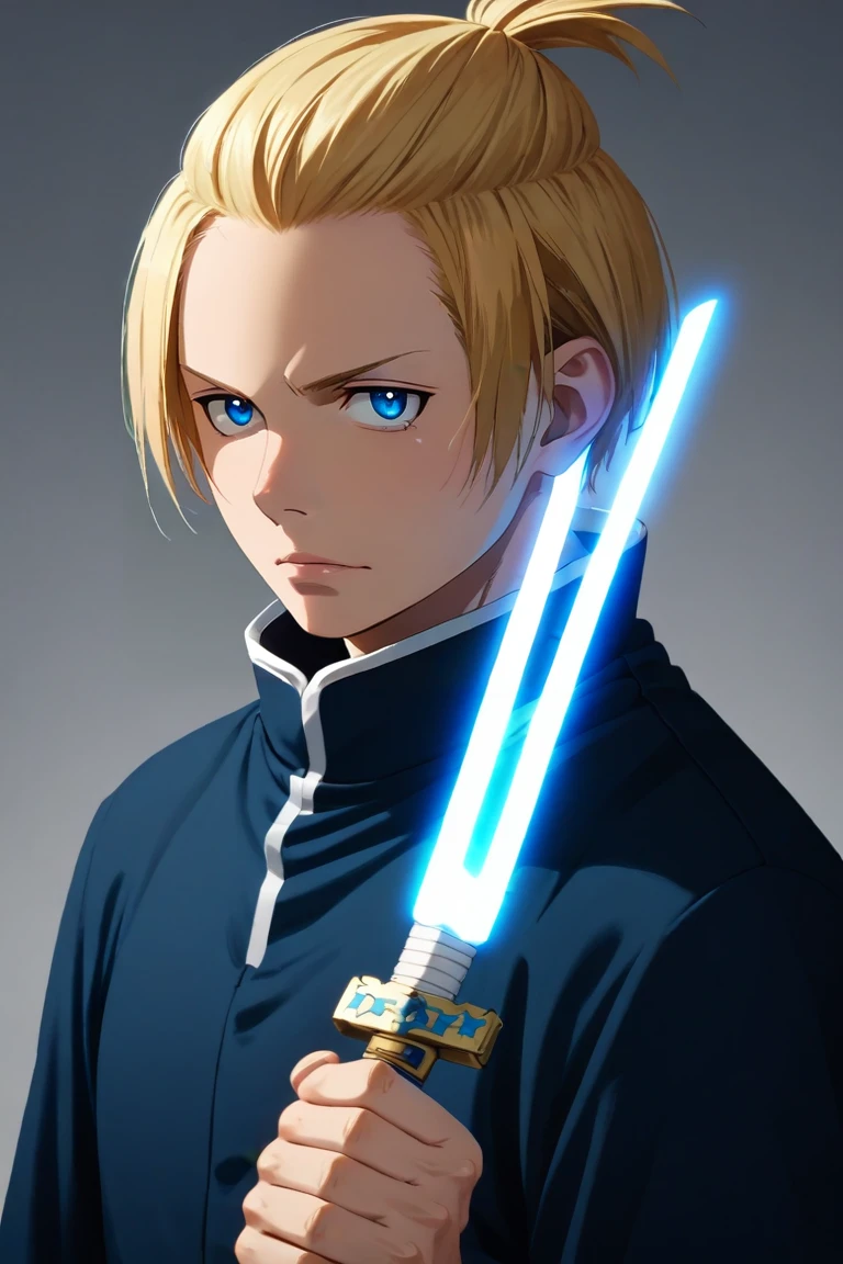 score_9, score_8_up, score_7_up, source_anime, intricate details, (photorealistic:0.6), , upper body, , 1boy, solo, male focus, <lora:arthur_boyle_pony:0.74>, arthur_boyle, blonde hair, blue eyes, short hair, bangs pinned back, topknot, holding, weapon, energy sword, sword, sword, , , , <lora:sdxl_lightning_8step_lora:1>