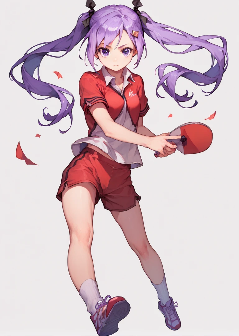 1girll, Realistic cute girl painting，A red ribbon is tied around the forehead，Solo，White shirt, Red skirt, Socks, double tails，athletic sneakers， (full body shot:1.0)，Tennis court background，Hold a tennis racket in both hands，red pupils，Smash，Off-white hair，Masterpiece grade CG wallpaper，
