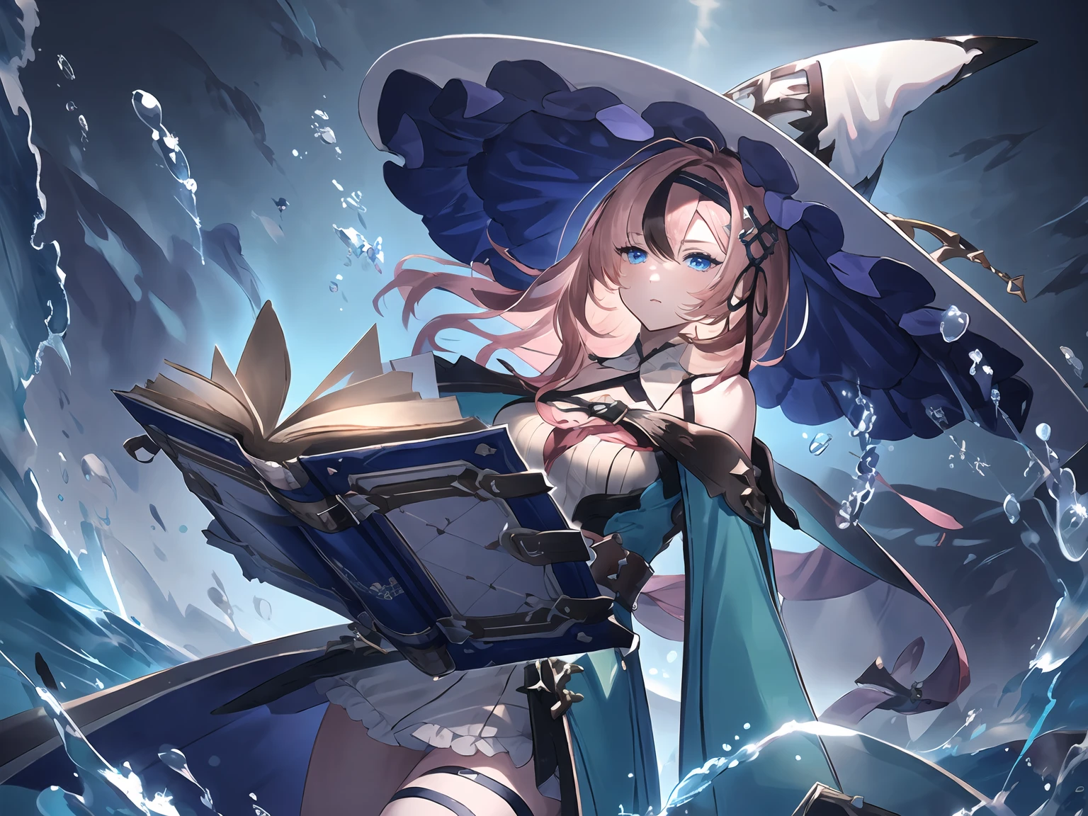 masterpiece,best quality,highres,cinematic lighting,dramatic angle,1girl,pink hair,two-tone hair,blue eyes,<lora:ShadowverseSaintTeresaV2:0.8> ,witch hat,hand up,hairband,hair ornament,bare shoulders,bowite,halterneck,detached collar,green dress,white dress,frills,thigh strap,looking at viewer,book,expressionless,belt,sidelocks,gloves,ribbon,magic,water