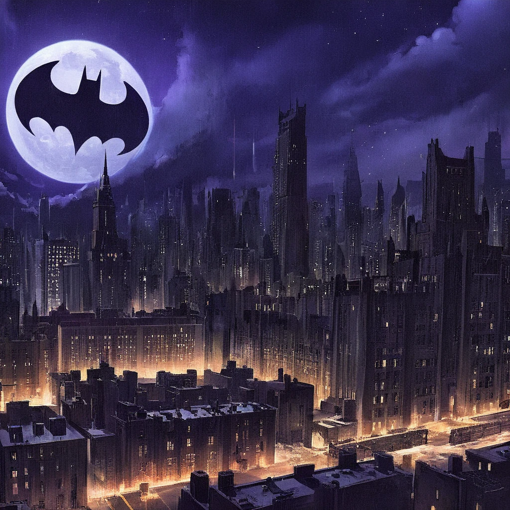 anime artwork of  <lora:perfection style:0.6>
 <lora:gotham city style v2:0.8>
 <lora:Chiaroscuro Lighting Style:0.6>
Gotham City a batman signal is shown on a city skyline Gotham City Style,solo,outdoors,sky,cloud,no humans,night,moon,building,night sky,scenery,full moon,city , detailed, real, different, unique, cinematic, dramatic, concept art, filmic, detailed background, detailed settings, artstation, gothic New York, gotham city style, anime style, key visual, vibrant, studio anime,  highly detailed