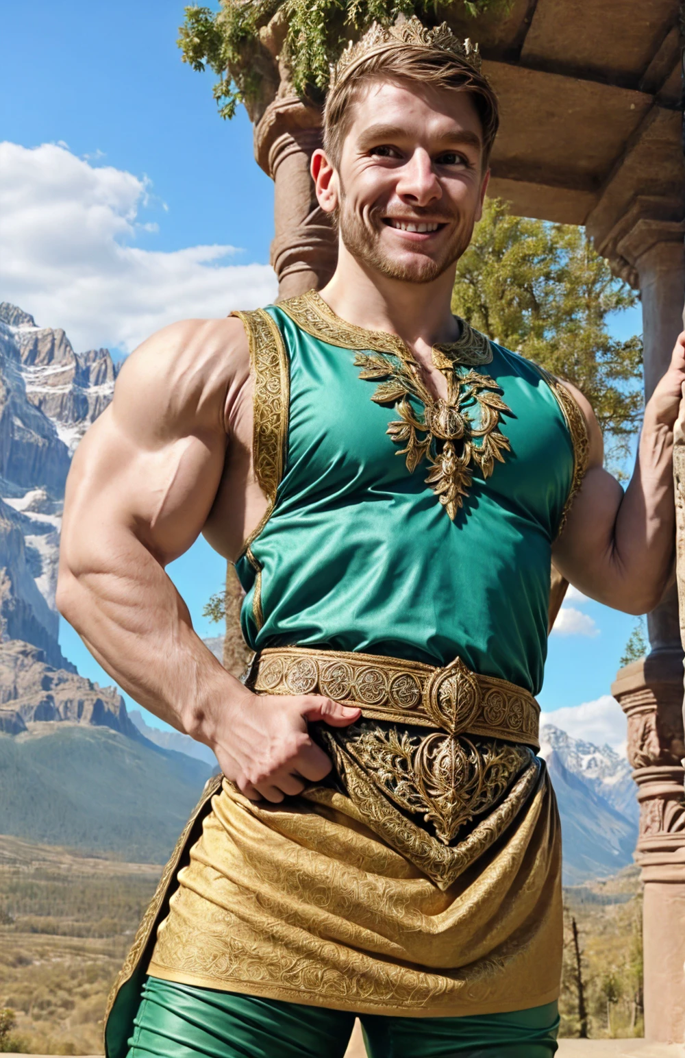 (face focus). (close up shot:0.9), <lora:BulkedUpAIR1.5:0.5>, (masculine:1.4), muscles:0.5,((short hair)), at outdoor fantasy landscape, (wearing elaborate fantasy tunic:1.3), (wearing elaborate fantasy pants:1.2), sexy pose:1.0, confident, handsome, (((masterpiece))), (((best quality))), <lora:more_details:0.5>, (hands on waist), male, athletic, looking at viewer, smile, sexy pose:1.5, DomNob, <lora:DomNob (10):1>