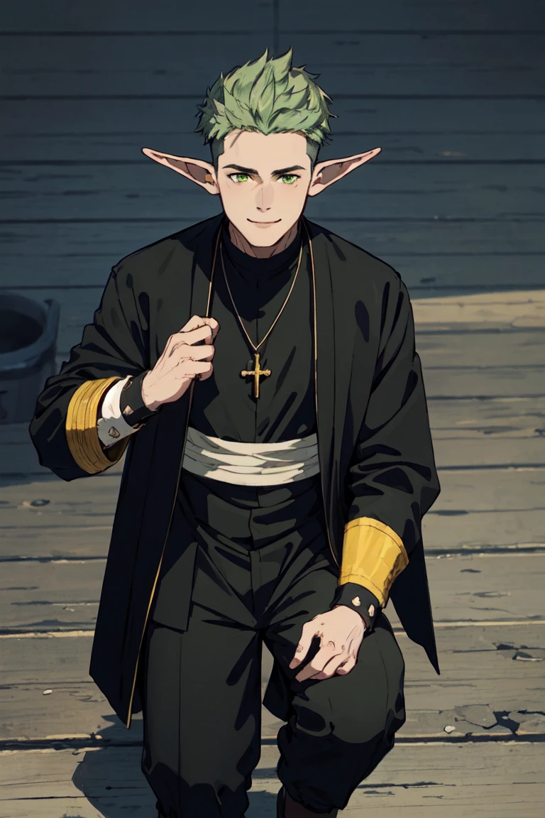 solo male, Kraft\(Frieren: Beyond Journey's End\), elf, masculine, manly, smile, (olive green hair, multicolored hair), short hair, undercut, green eyes, pointed ears, BREAK (above-knee-length-cassock, black coat with yellow-cuff-trim:1.3), (cassock above knee:1.5), button up cassock, (wide black pants), (cream-colored-clergy-stole:1.2), (white puttee, bandage), shoes, necklace, mature, handsome, charming, alluring, standing, upper body, perfect anatomy, perfect proportions, best quality, masterpiece, high_resolution, dutch angle, cowboy shot, photo background<lora:EMS-355104-EMS:0.800000>