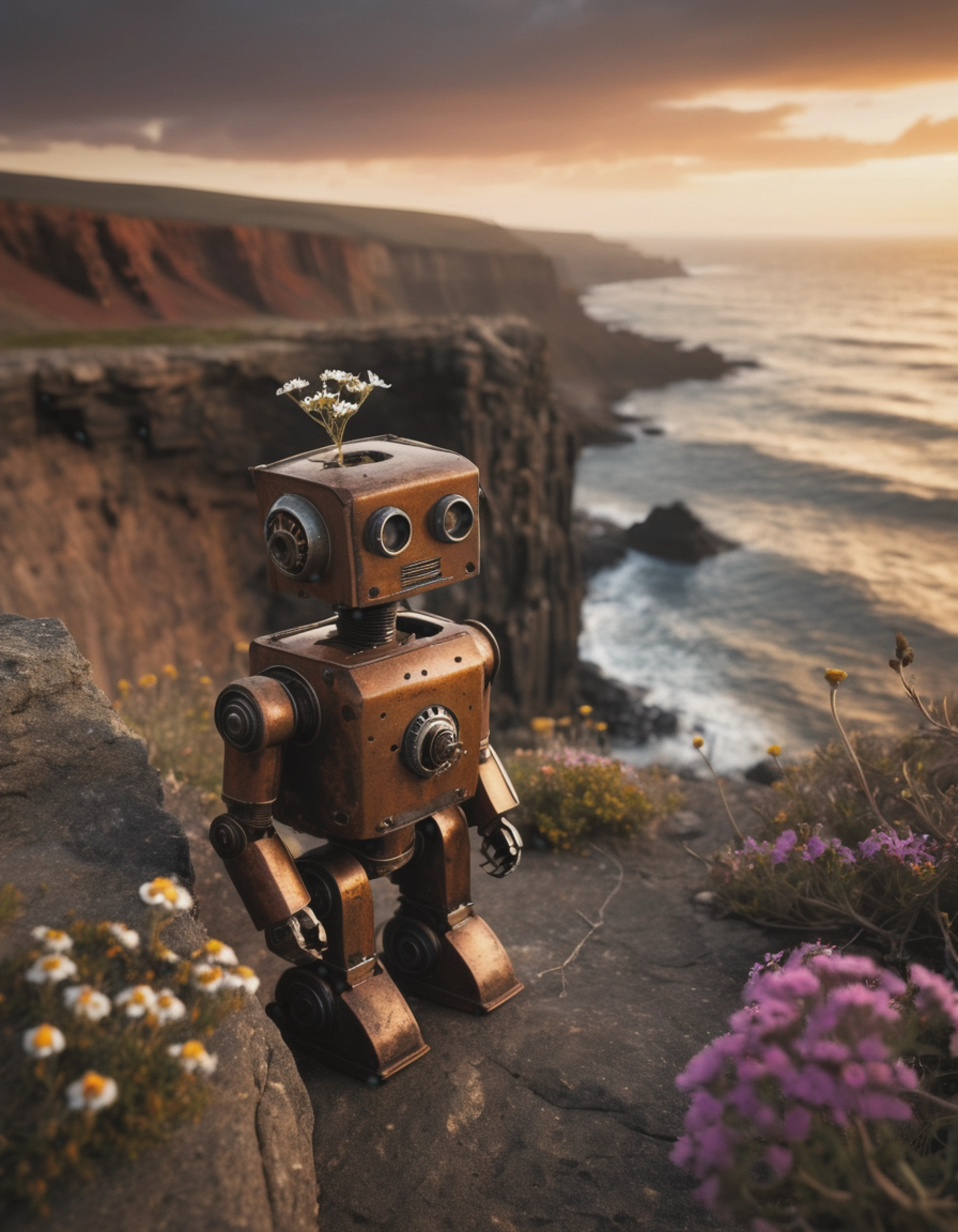 Dystopian style lonely tiny robot, rusty worn patina, hopeless forlorn expression, looking down, dramatic, highly detailed, (Natural lighting, cinematic:1.5) A coastal cliffside bathed in the soft light of a setting sun, where rugged rocks are silhouetted against a fiery sky, and a solitary wildflower blooms defiantly on the windswept edge, symbolizing resilience in the face of adversity.