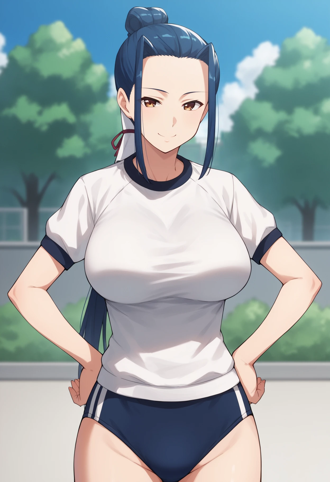 score_9, score_8_up, score_7_up, score_6_up, score_5_up, score_4_up, BREAK, source_anime,
1girl, kokuyou, blue hair, long hair, ponytail, brown eyes, hair bun,
gym uniform, white shirt, blue buruma, large breasts,
smile, hands on hips, standing, solo, looking at viewer, blue sky, outdoors, park background <lora:KokuyouXL:1>