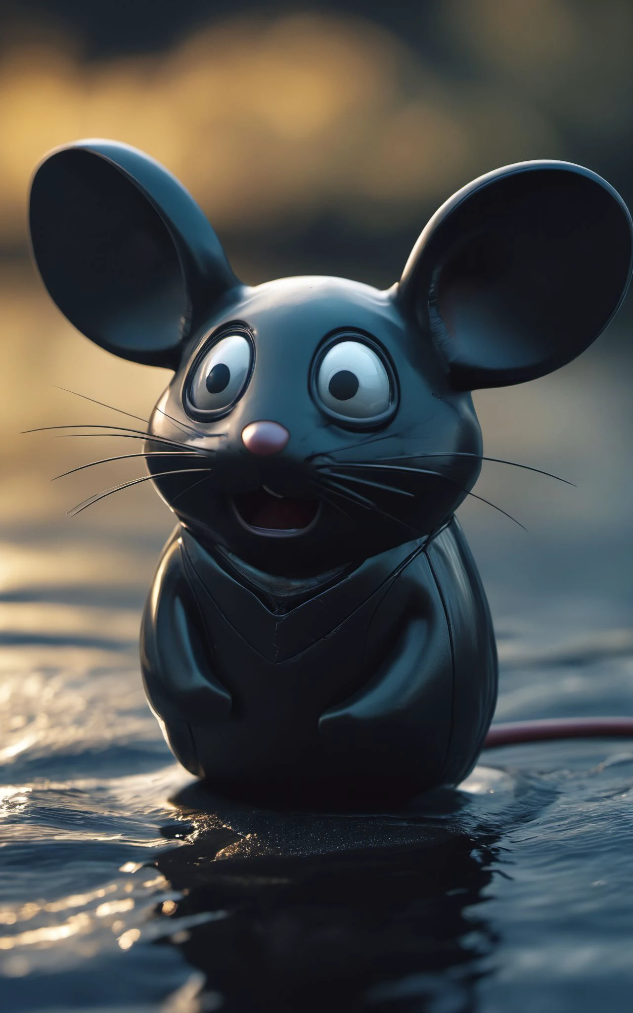 Closeup,3d depth of field Simulation,a closeup of an old android mouse,large ears,fragile and broken,outworn smile,storm,depth of lenticular,dramatic,bold lines async,deep blacks,illuminated from behind,holy Aura,Long dense grown river,